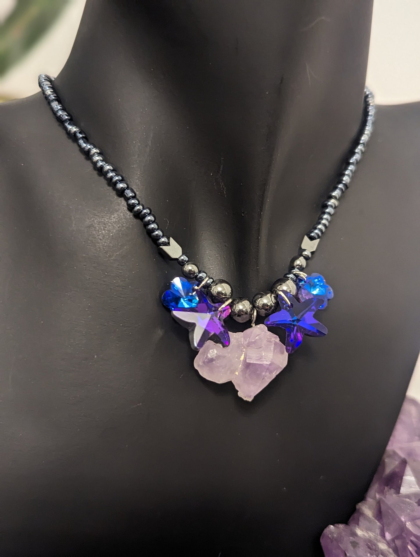 Raw Amethyst Pendant with Stunning Purple Glass Starfish Pendants, Hematite Styled Beads with Purple Flowers and Purple Blue Flower Earrings