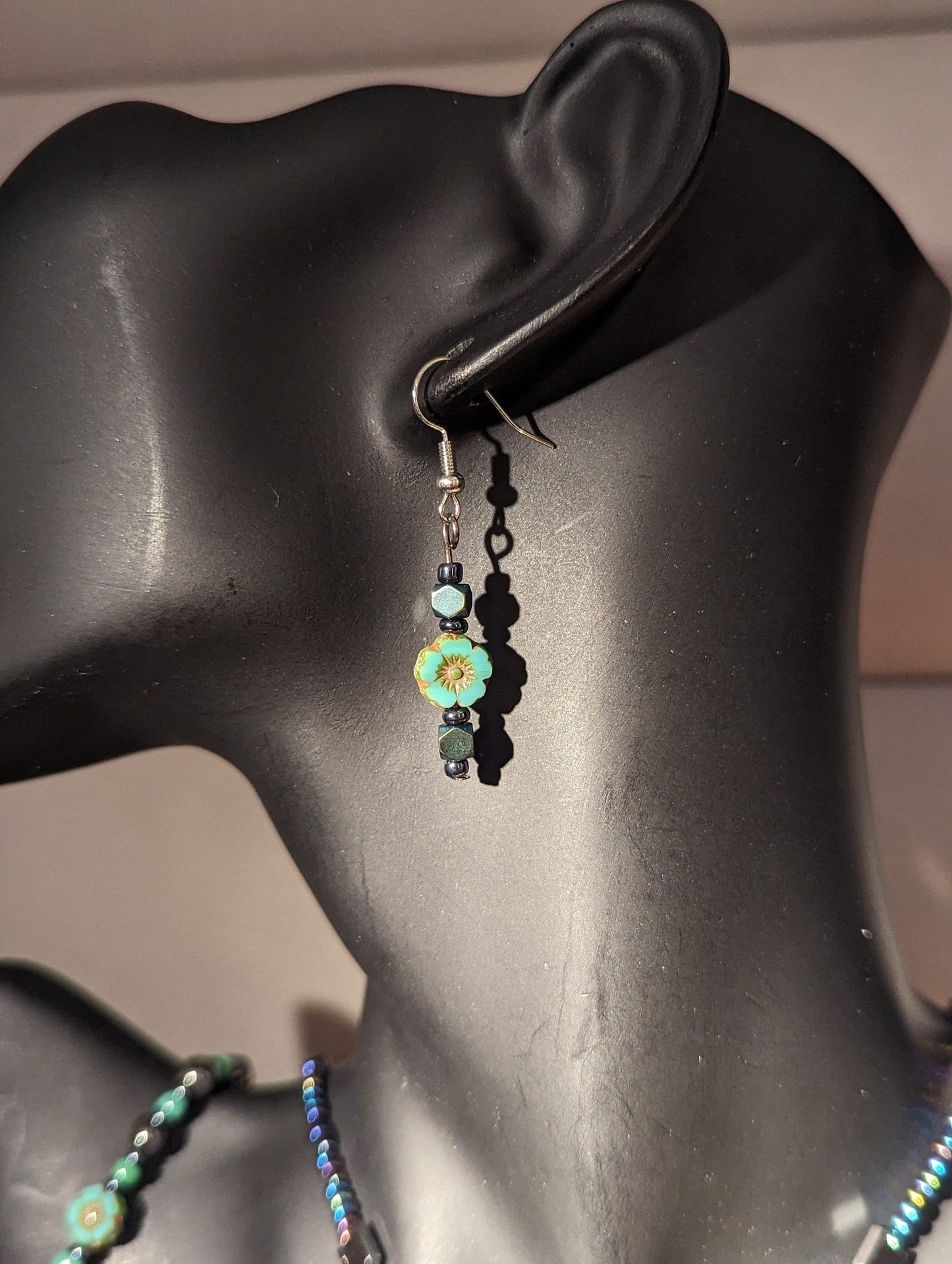 Black Cat on a Tree Branch, Purple Green Sky with Crescent Silver Moons, Green Leaf Pendants and Czech Crystal Flower Bracelet and Earrings