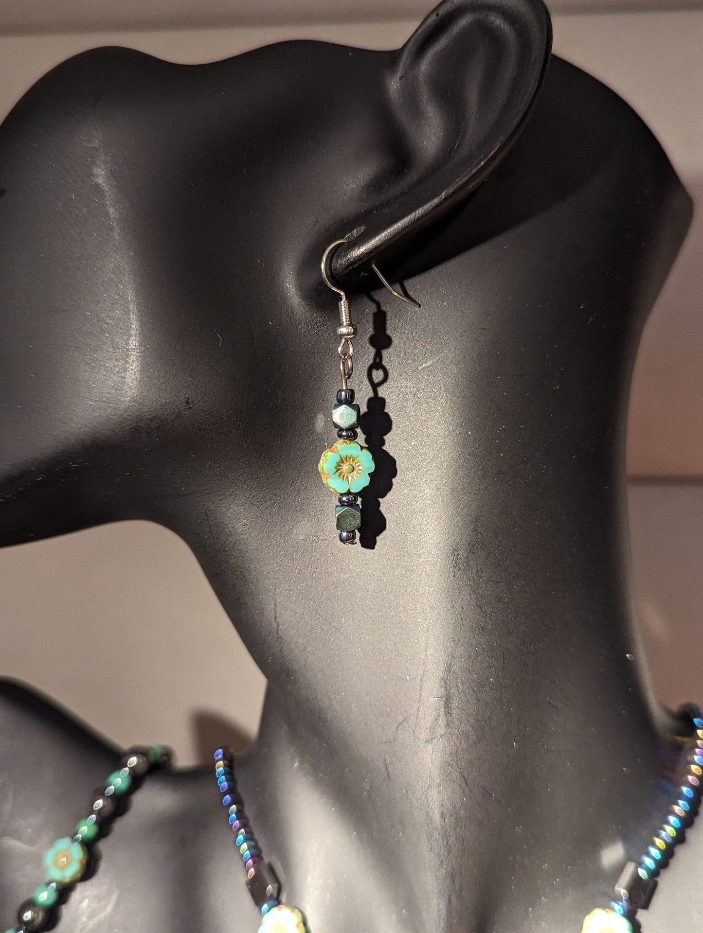 Black Cat on a Tree Branch, Purple Green Sky with Crescent Silver Moons, Green Leaf Pendants and Czech Crystal Flower Bracelet and Earrings