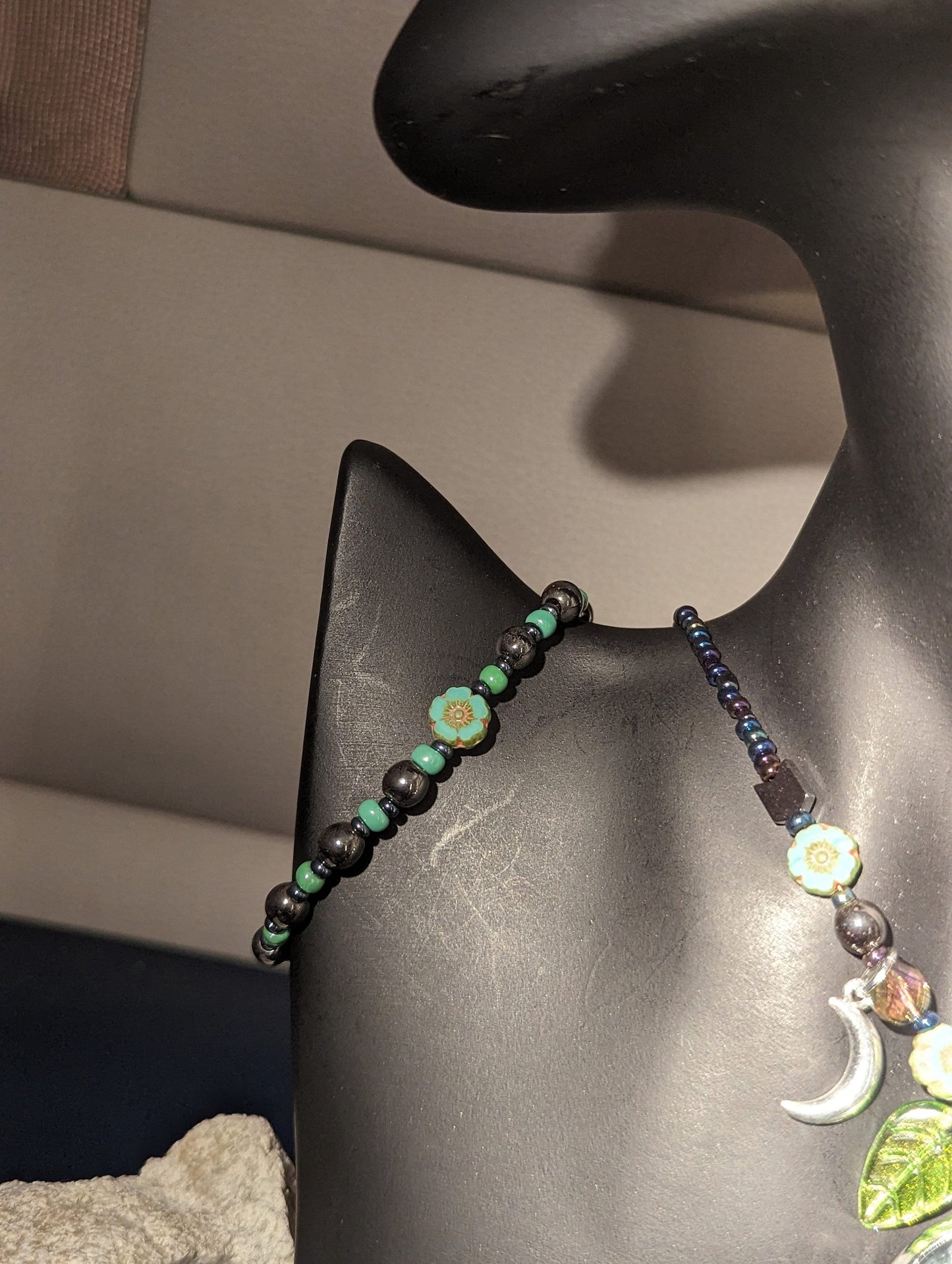 Black Cat on a Tree Branch, Purple Green Sky with Crescent Silver Moons, Green Leaf Pendants and Czech Crystal Flower Bracelet and Earrings