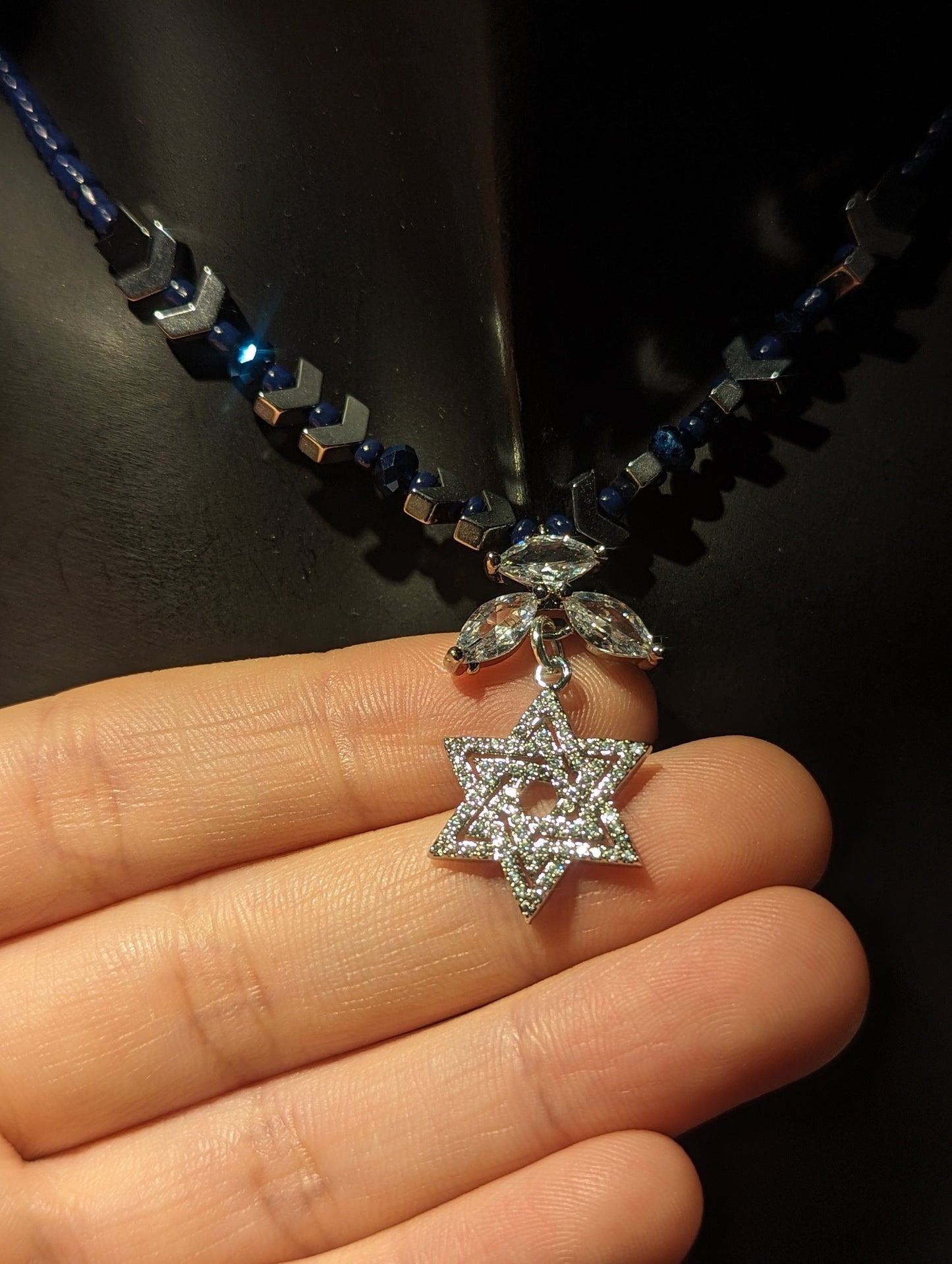 Set of Necklace, Earrings and Bracelet: Star of David Jewish Small Silver Zircon Pendant, Silver Arrow Beads and Blue Beads