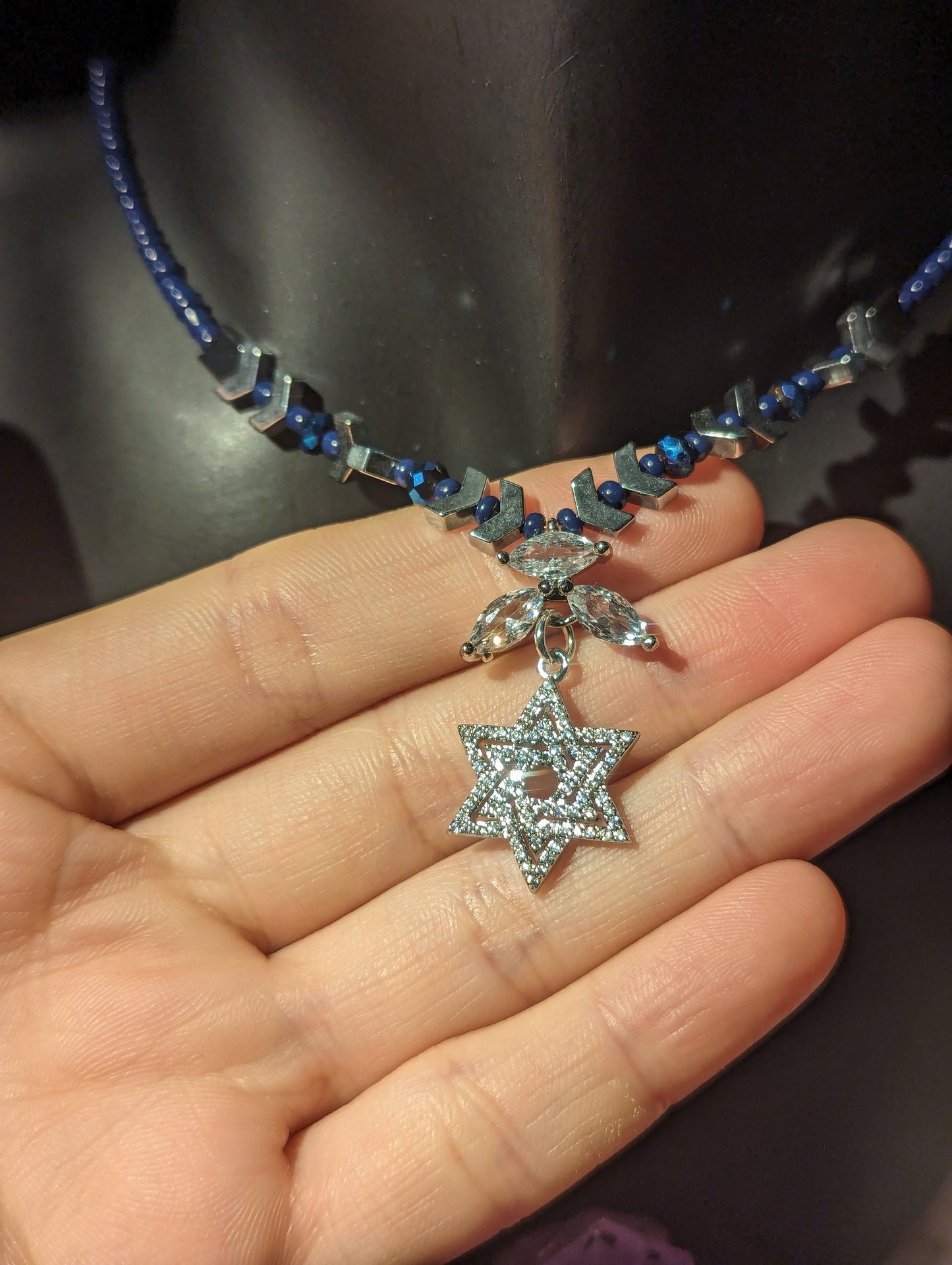 Set of Necklace, Earrings and Bracelet: Star of David Jewish Small Silver Zircon Pendant, Silver Arrow Beads and Blue Beads