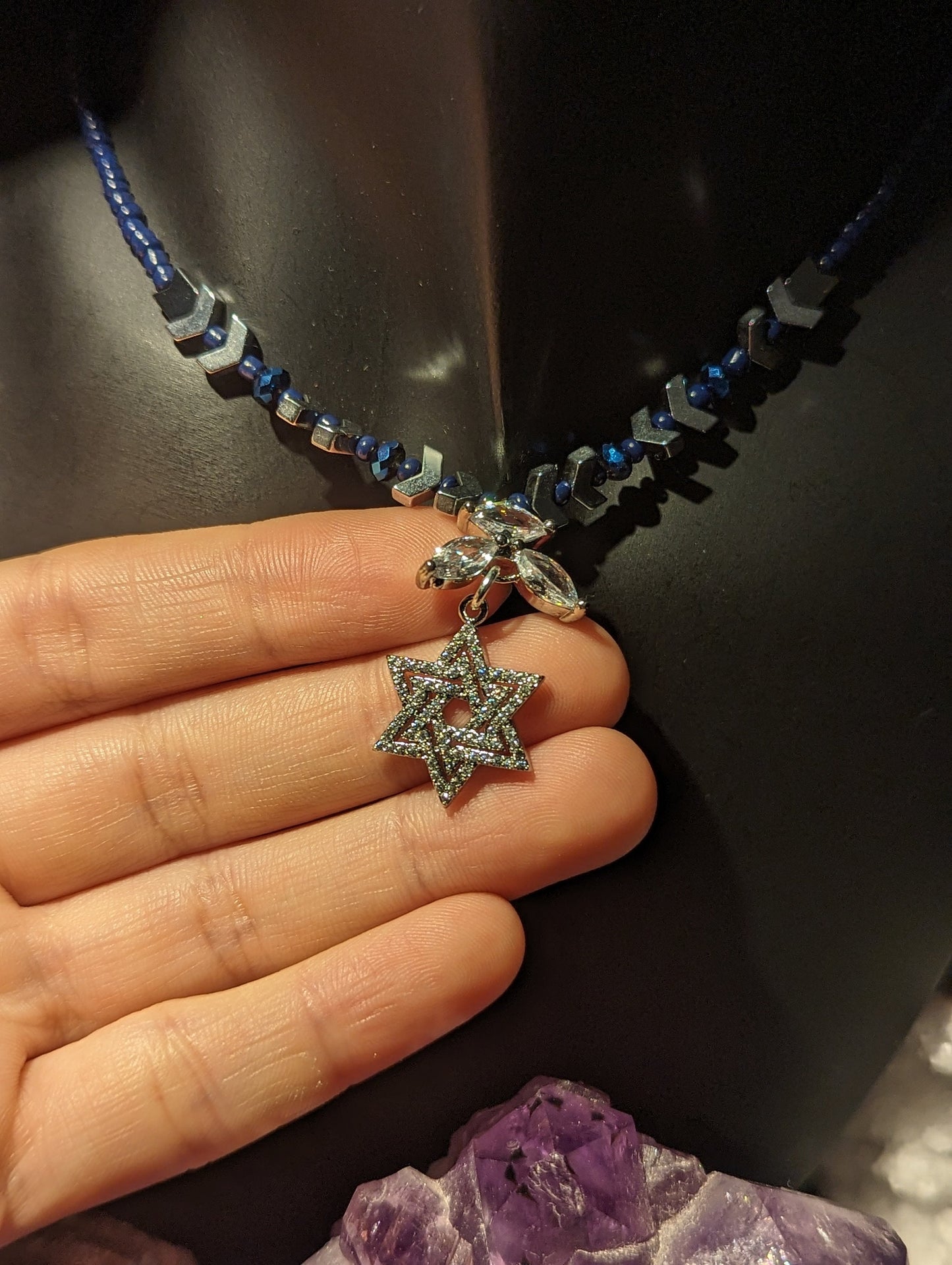 Set of Necklace, Earrings and Bracelet: Star of David Jewish Small Silver Zircon Pendant, Silver Arrow Beads and Blue Beads