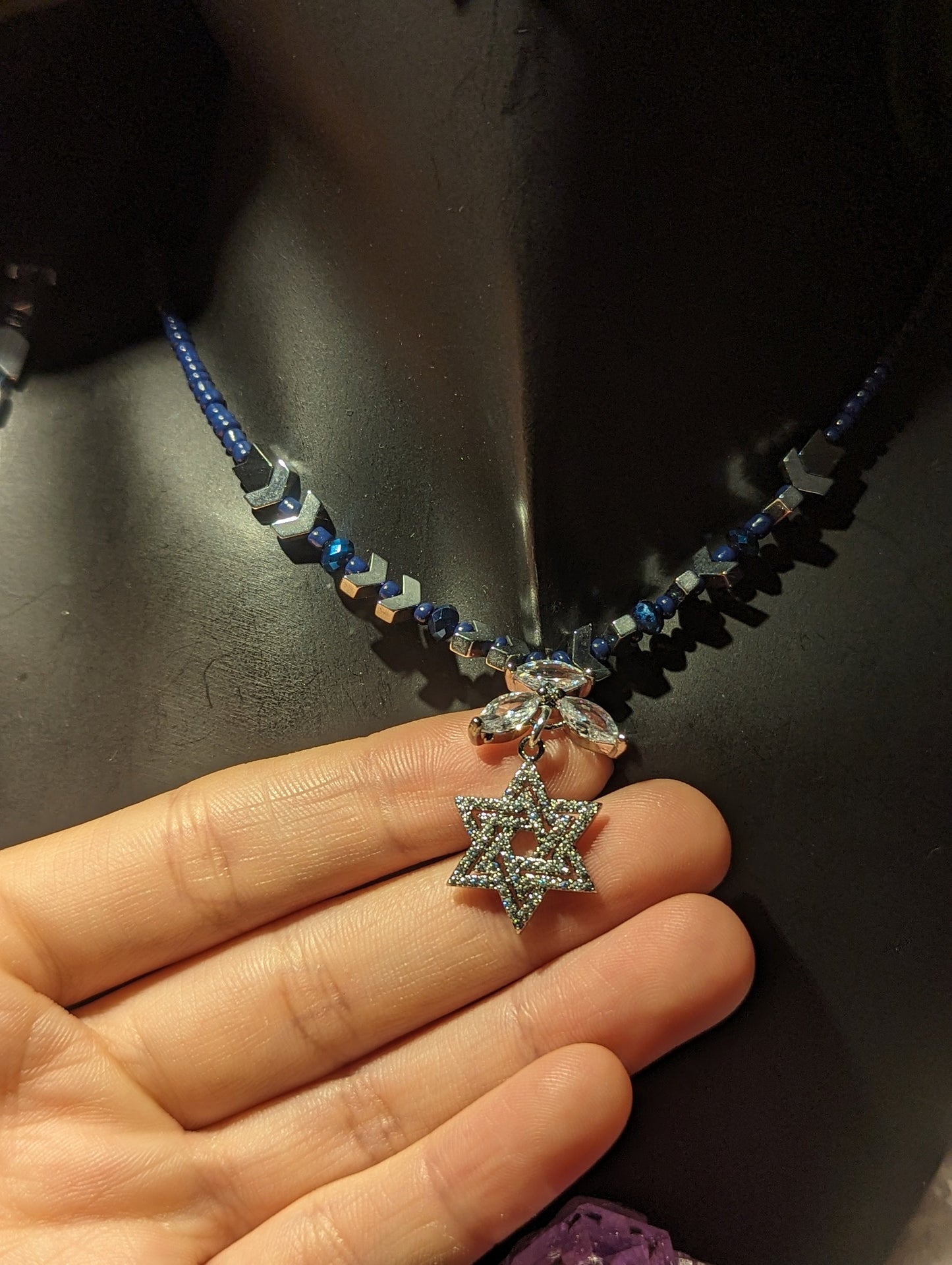 Set of Necklace, Earrings and Bracelet: Star of David Jewish Small Silver Zircon Pendant, Silver Arrow Beads and Blue Beads
