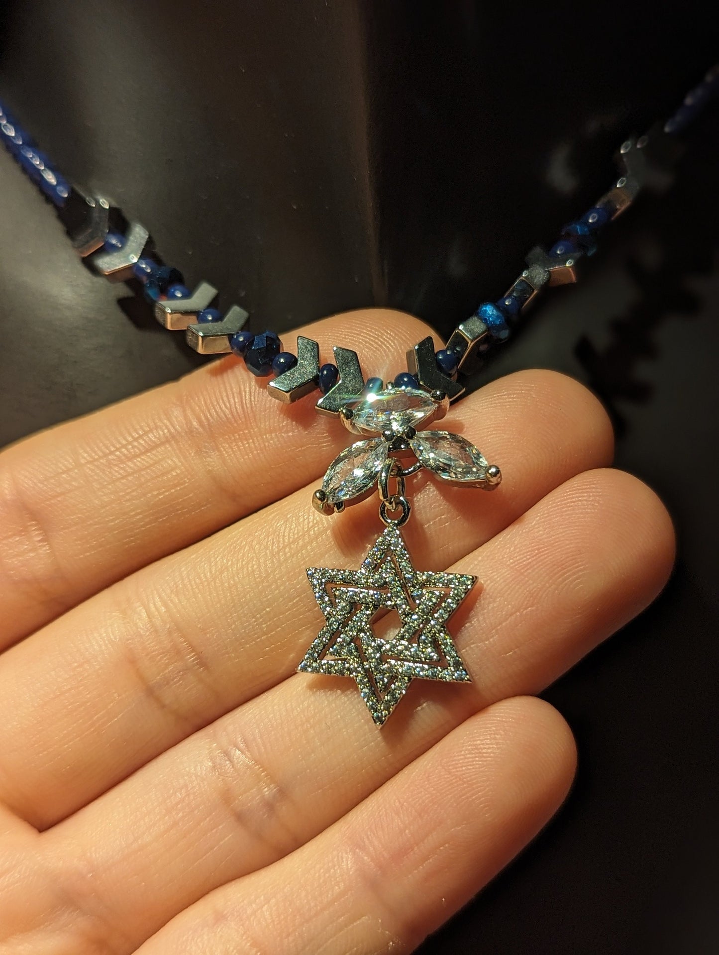 Set of Necklace, Earrings and Bracelet: Star of David Jewish Small Silver Zircon Pendant, Silver Arrow Beads and Blue Beads