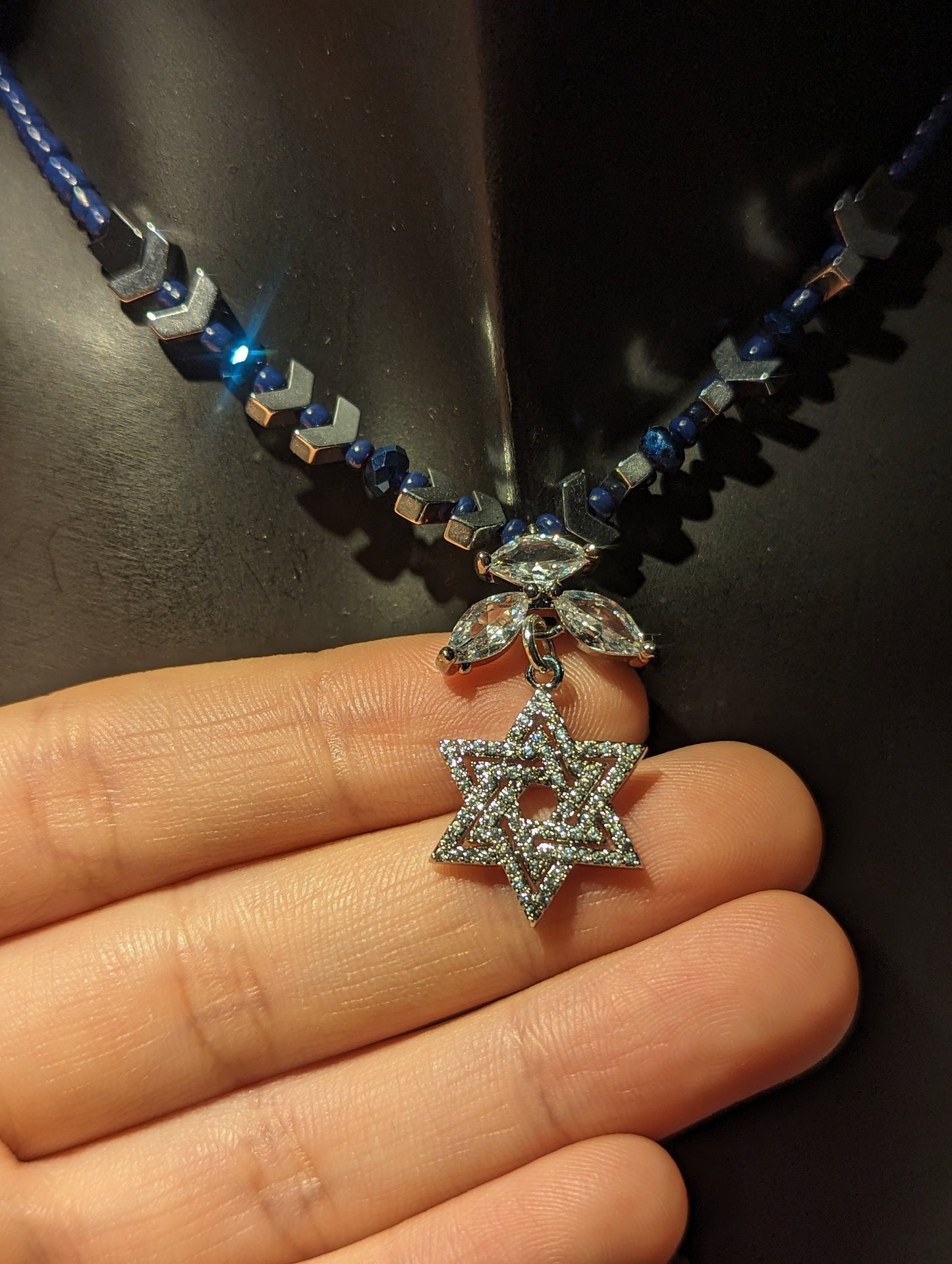 Set of Necklace, Earrings and Bracelet: Star of David Jewish Small Silver Zircon Pendant, Silver Arrow Beads and Blue Beads