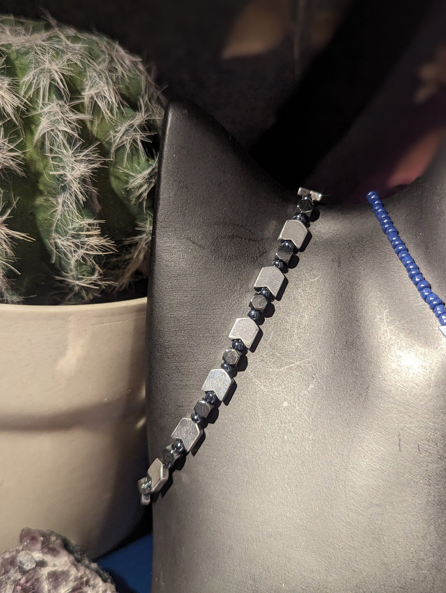 Set of Necklace, Earrings and Bracelet: Star of David Jewish Small Silver Zircon Pendant, Silver Arrow Beads and Blue Beads