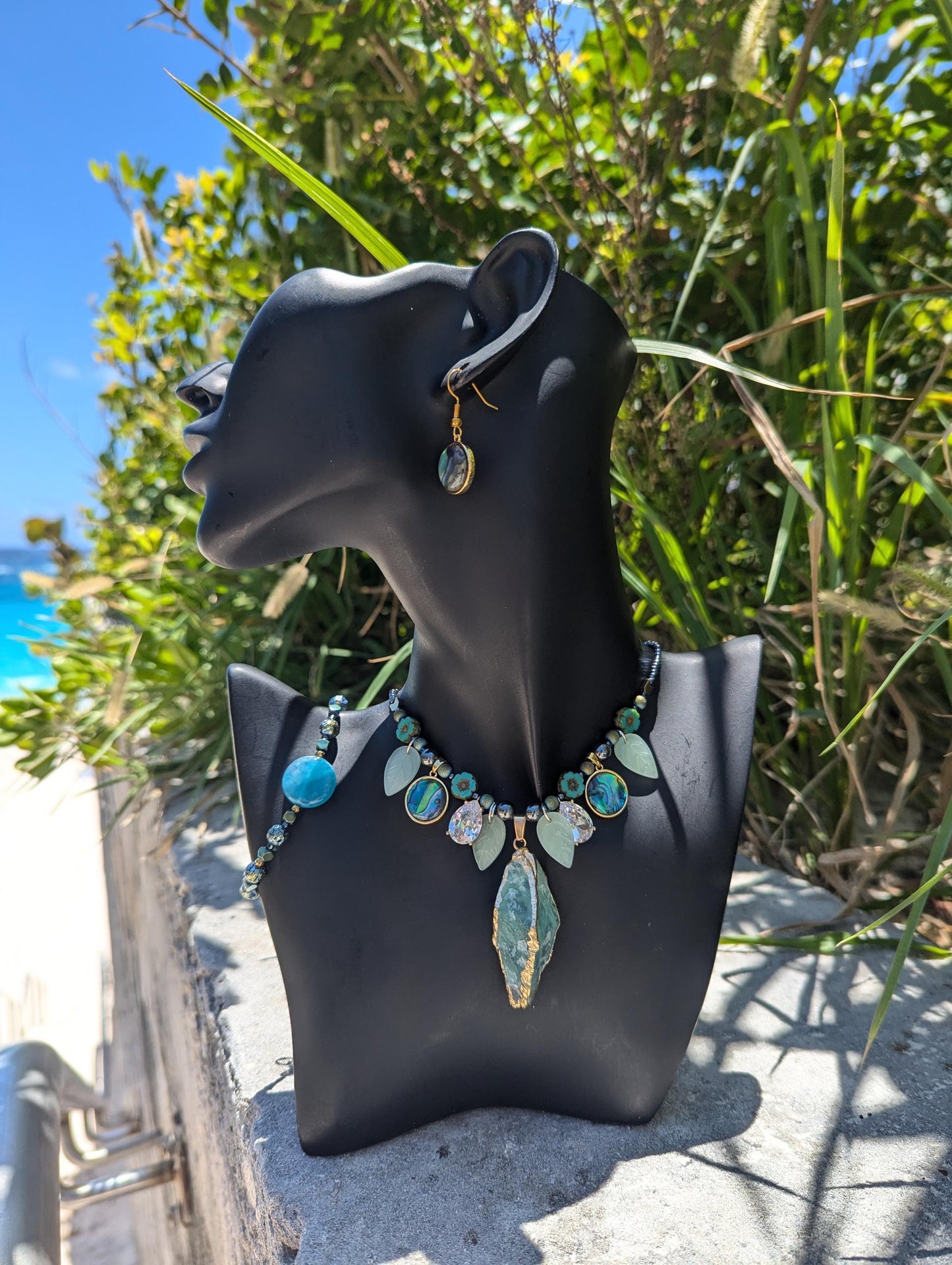 BERMUDA Oceans Secret Garden Set: with Green Gemstone, Abalone Shells, Blue Agate, Zircon Drops, Czech Crystal Flowers
