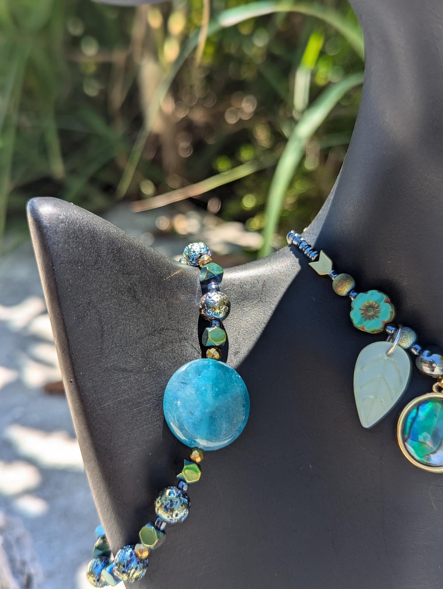 BERMUDA Oceans Secret Garden Set: with Green Gemstone, Abalone Shells, Blue Agate, Zircon Drops, Czech Crystal Flowers