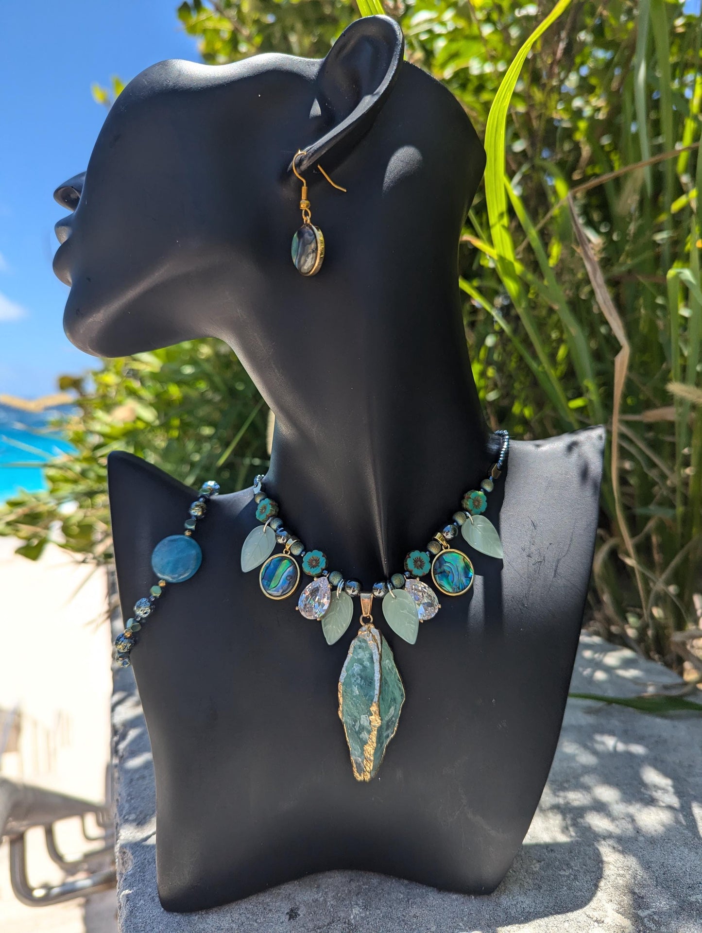 BERMUDA Oceans Secret Garden Set: with Green Gemstone, Abalone Shells, Blue Agate, Zircon Drops, Czech Crystal Flowers