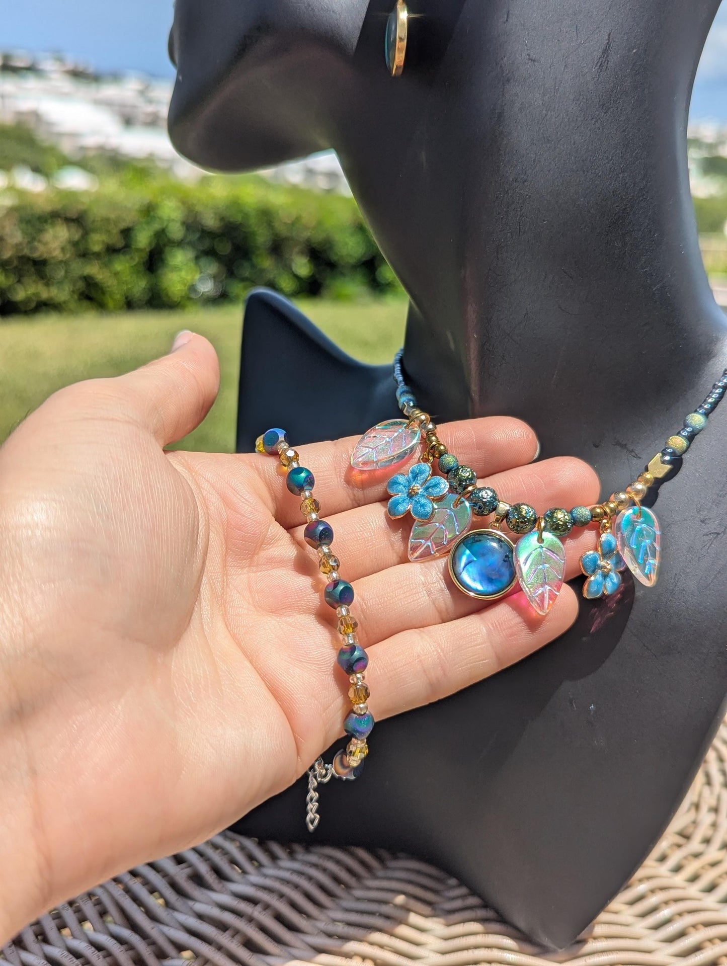 BERMUDA Tropical Hydrangea Abalone Set: with Abalone shell pendant, blue flower pendants and white golden glass leaf pendants