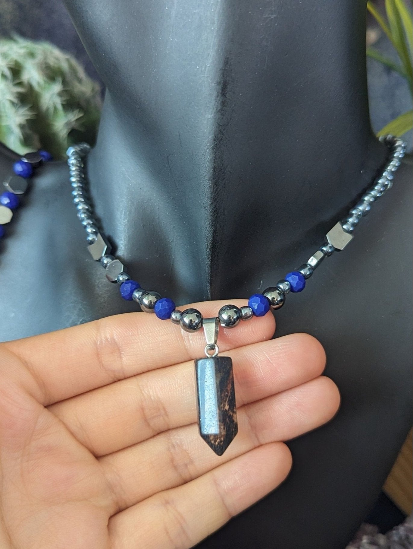 Storm Set: Resin Grey Pillar Pendant, Blue Purple Geometric Beads and Grey Glass Beaded Necklace with Fitting Bracelet and Resin Earrings