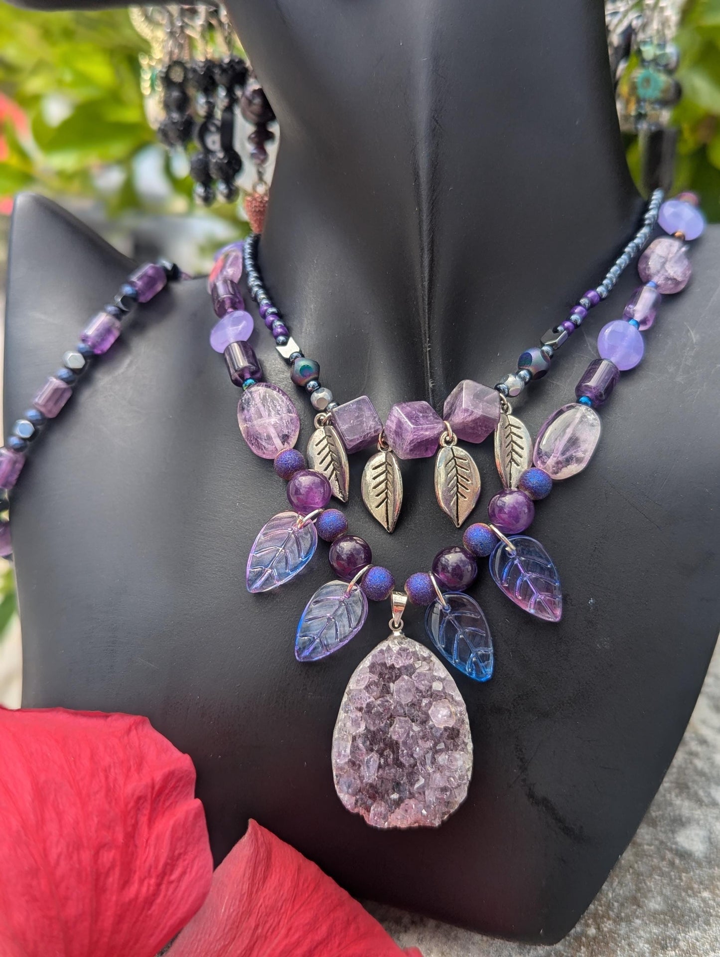 BERMUDA Gem Amongst Trees: raw Amethyst crystal cluster and three polished Amethyst cubes, purple leaf glass pendants, earrings and bracelet