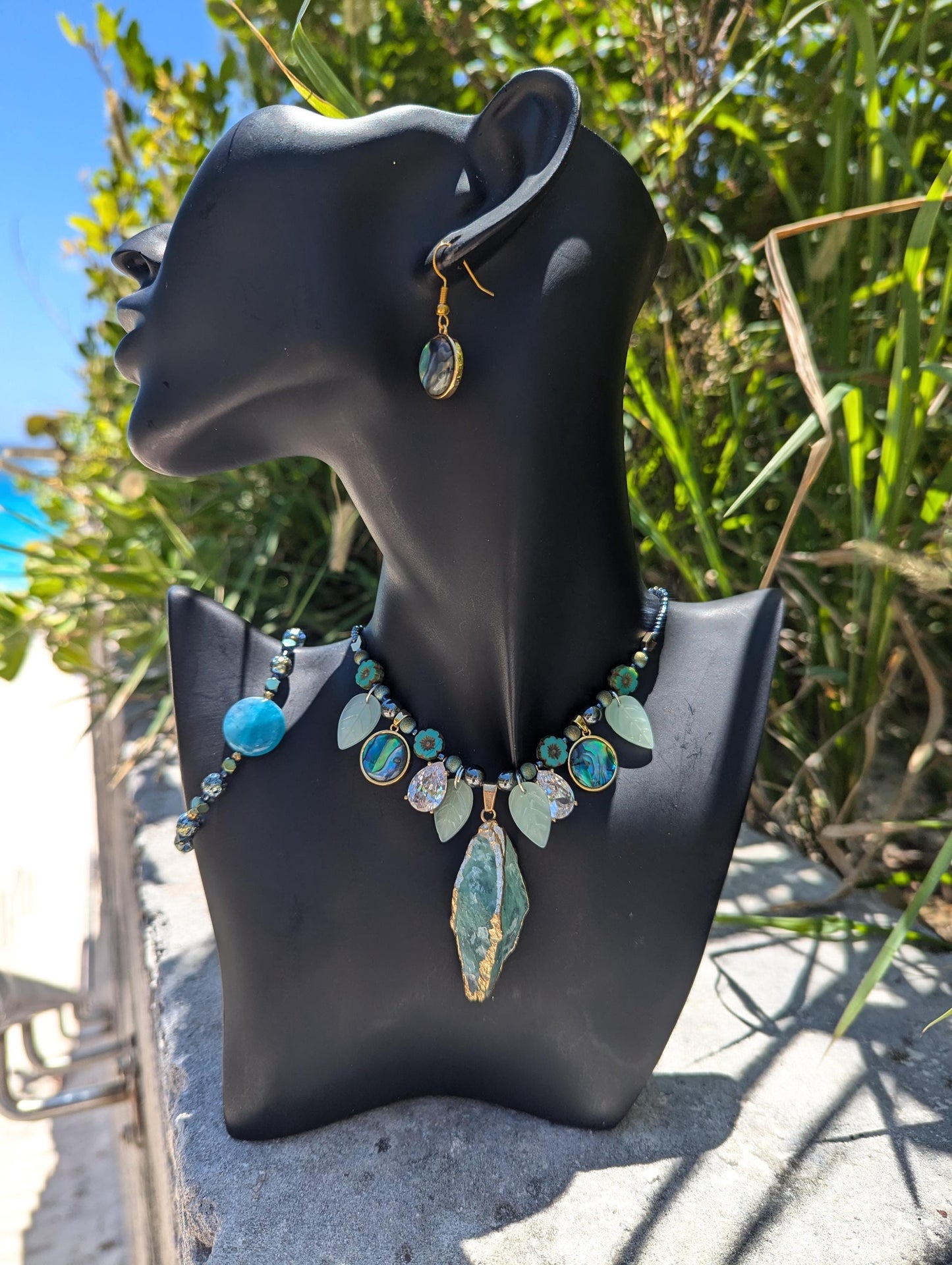 BERMUDA Oceans Secret Garden Set: with Green Gemstone, Abalone Shells, Blue Agate, Zircon Drops, Czech Crystal Flowers
