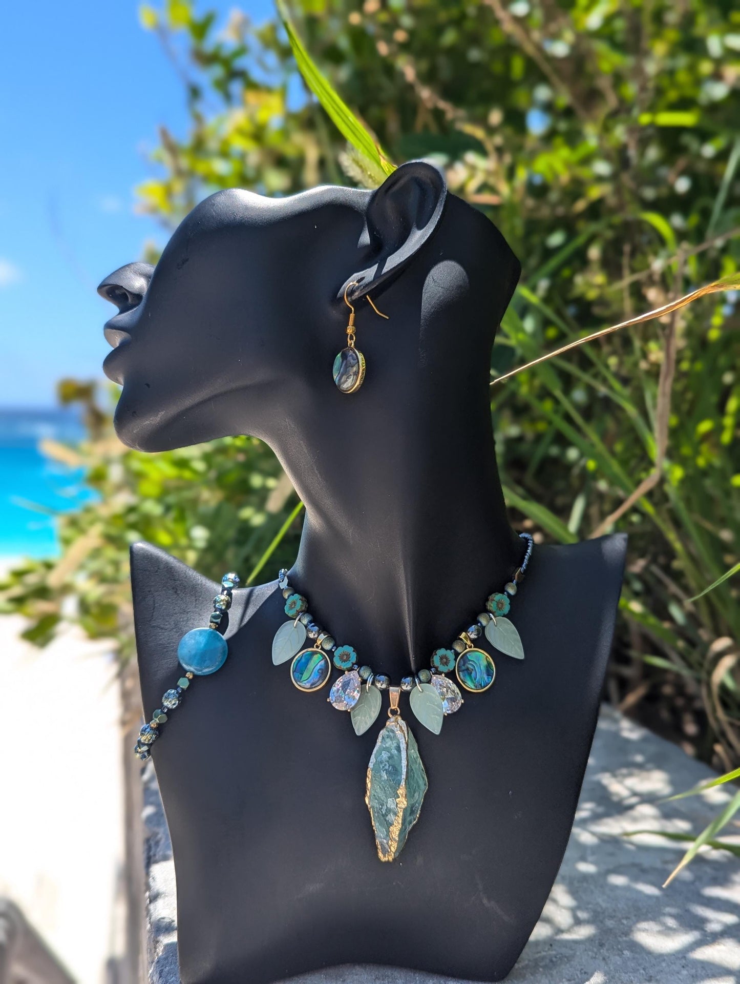 BERMUDA Oceans Secret Garden Set: with Green Gemstone, Abalone Shells, Blue Agate, Zircon Drops, Czech Crystal Flowers