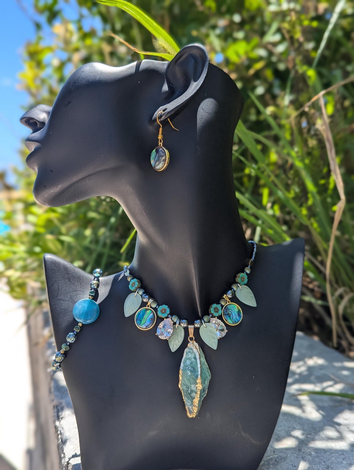 BERMUDA Oceans Secret Garden Set: with Green Gemstone, Abalone Shells, Blue Agate, Zircon Drops, Czech Crystal Flowers