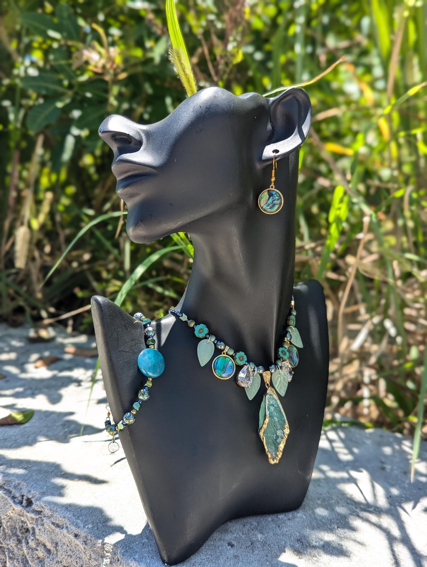 BERMUDA Oceans Secret Garden Set: with Green Gemstone, Abalone Shells, Blue Agate, Zircon Drops, Czech Crystal Flowers