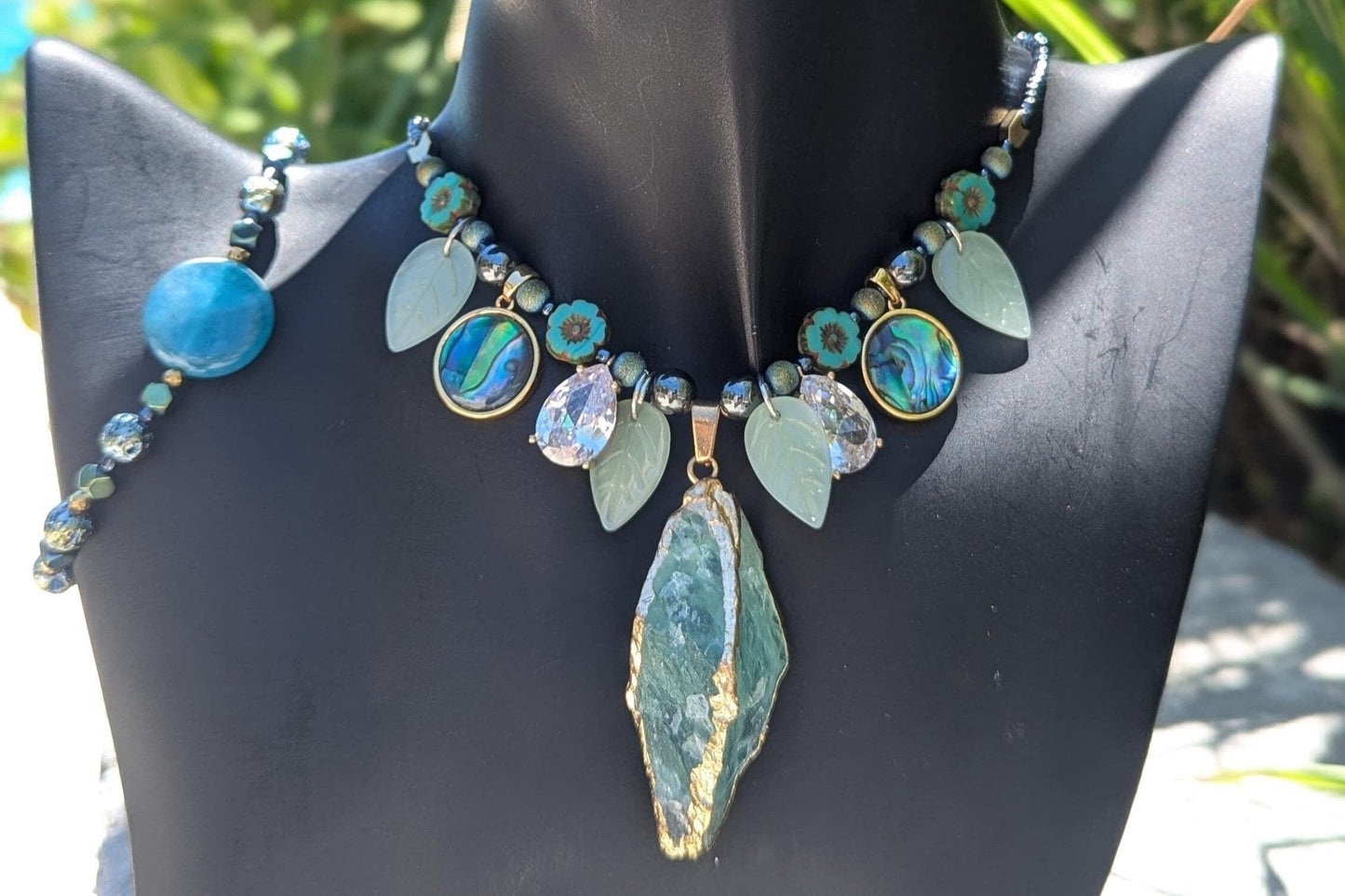 BERMUDA Oceans Secret Garden Set: with Green Gemstone, Abalone Shells, Blue Agate, Zircon Drops, Czech Crystal Flowers