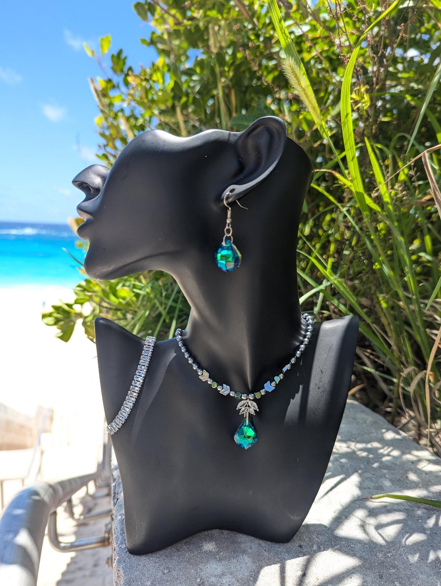 BERMUDA Heaven's Fruit Set: with Green Gemstone, Abalone Shells, Blue Agate, Zircon Drops, Czech Crystal Flowers