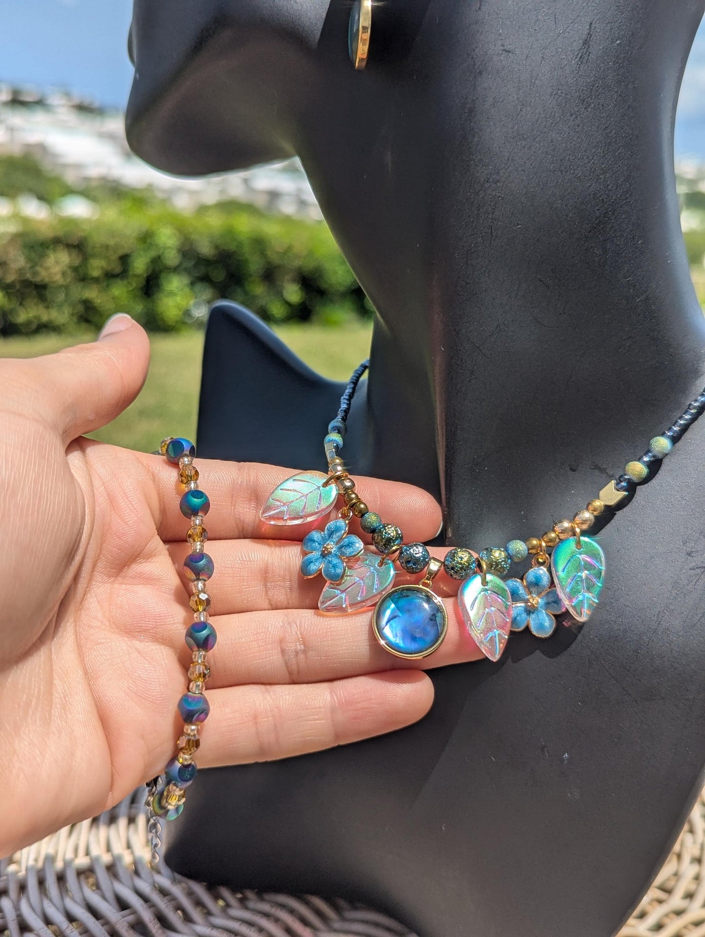 BERMUDA Tropical Hydrangea Abalone Set: with Abalone shell pendant, blue flower pendants and white golden glass leaf pendants