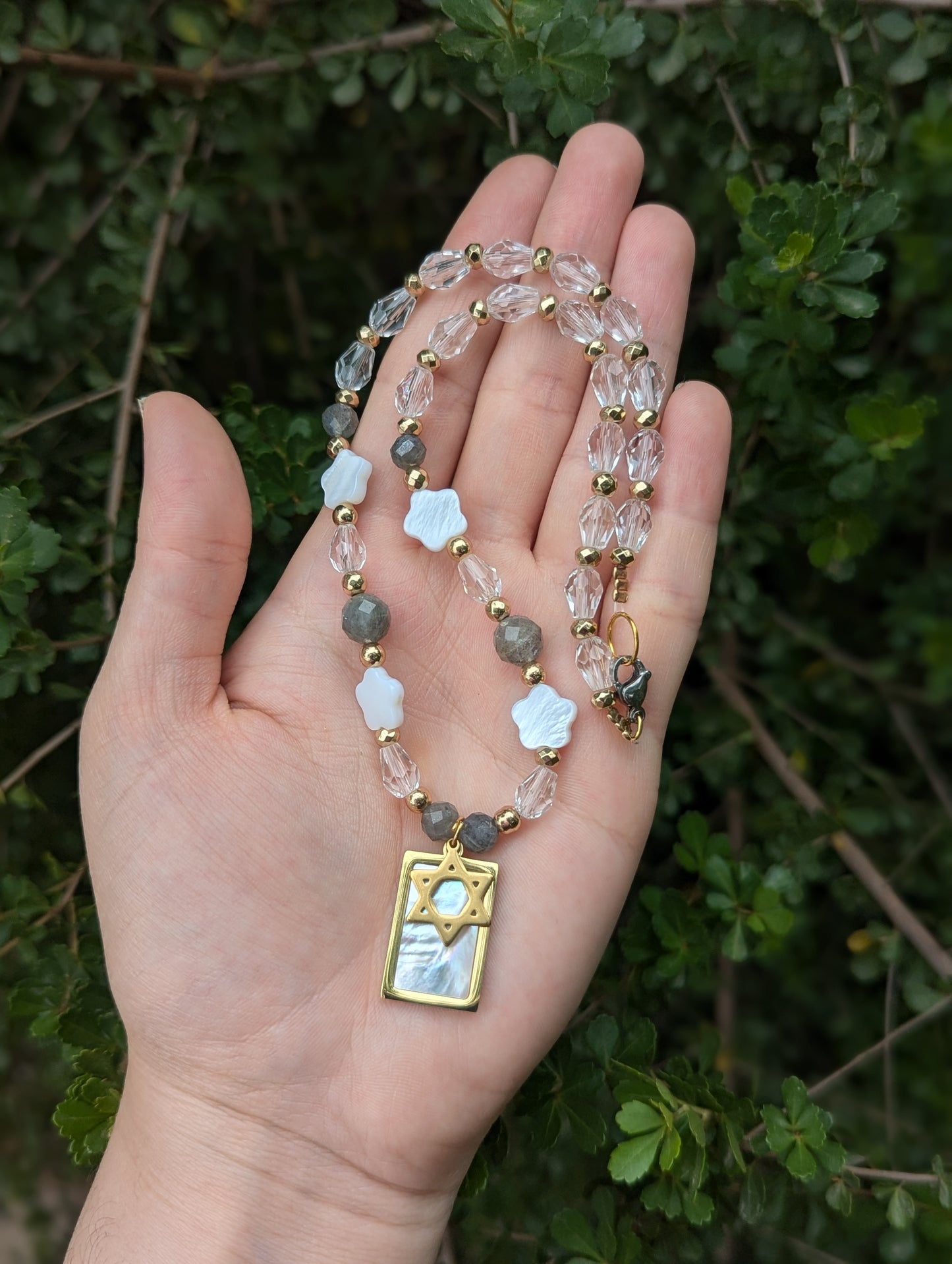 Mother of Shell Gold Plated Pendant and Flower Beads, Magen David, Labradorite Gemstones and Glass Drop Beaded Necklace