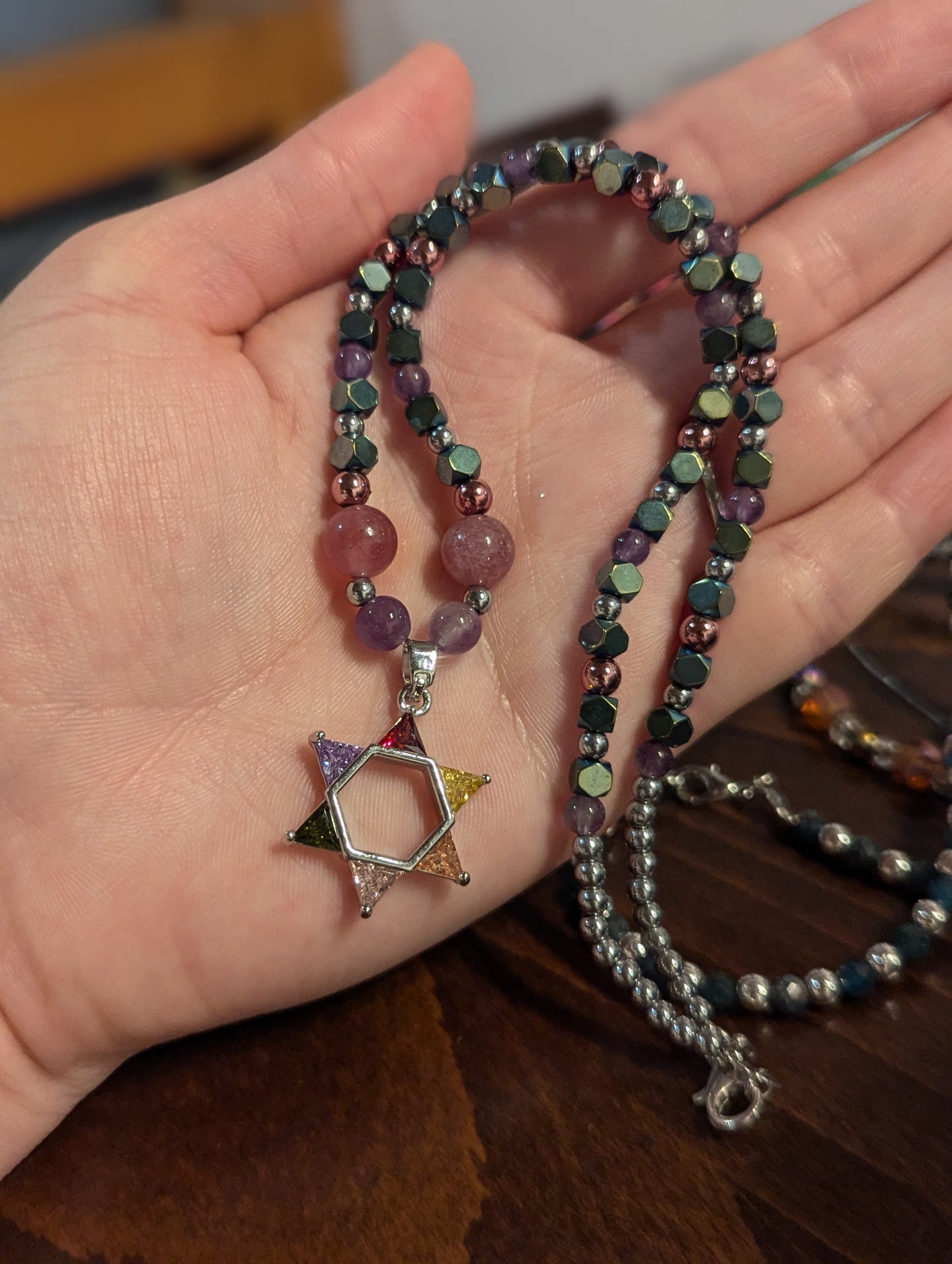 Colorful Zirconia Magen David with Amethyst and Strawberry Quartz