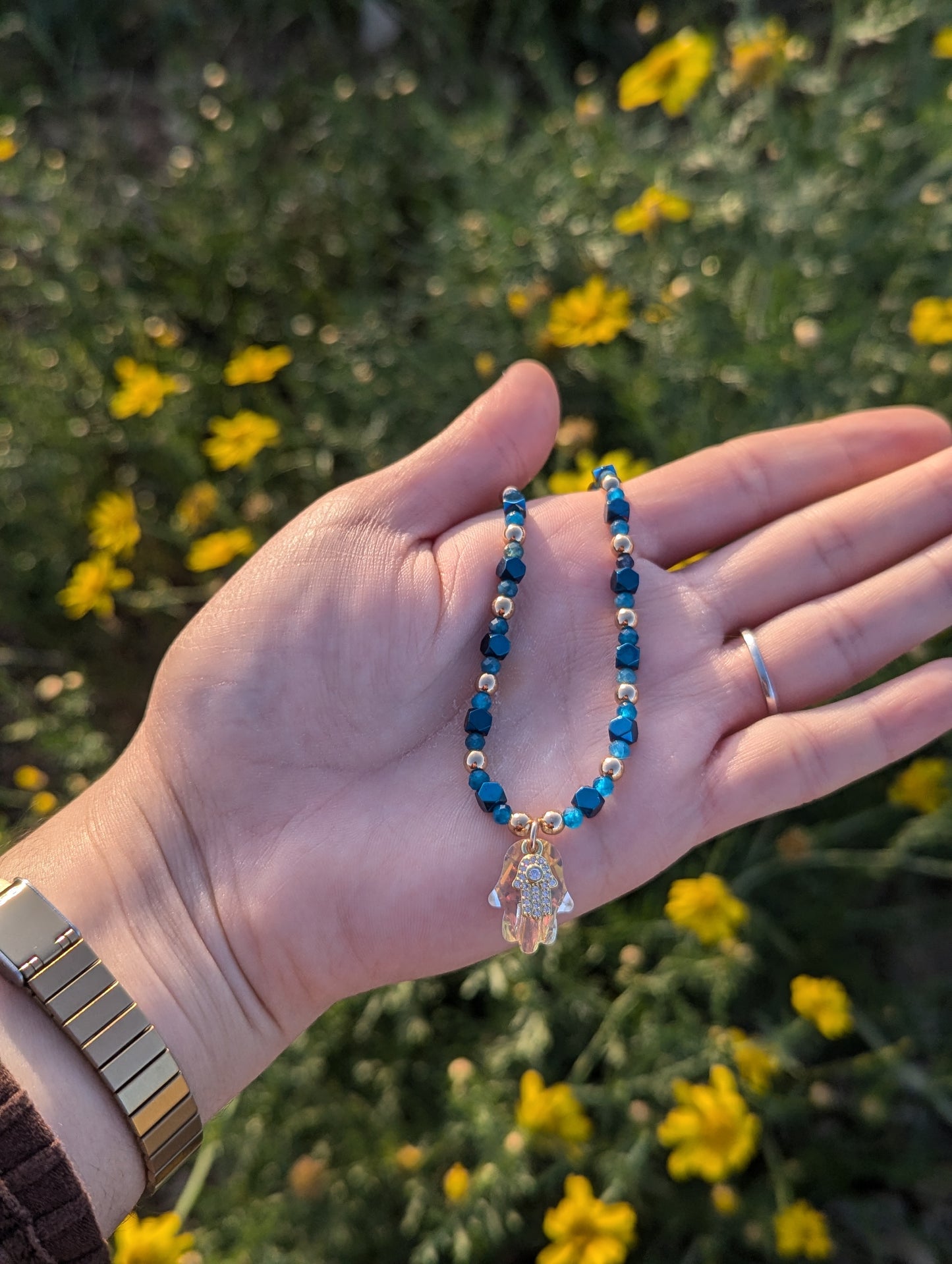 Glass and Gold Zirconia Hamsa with Apatite Gemstone Beads