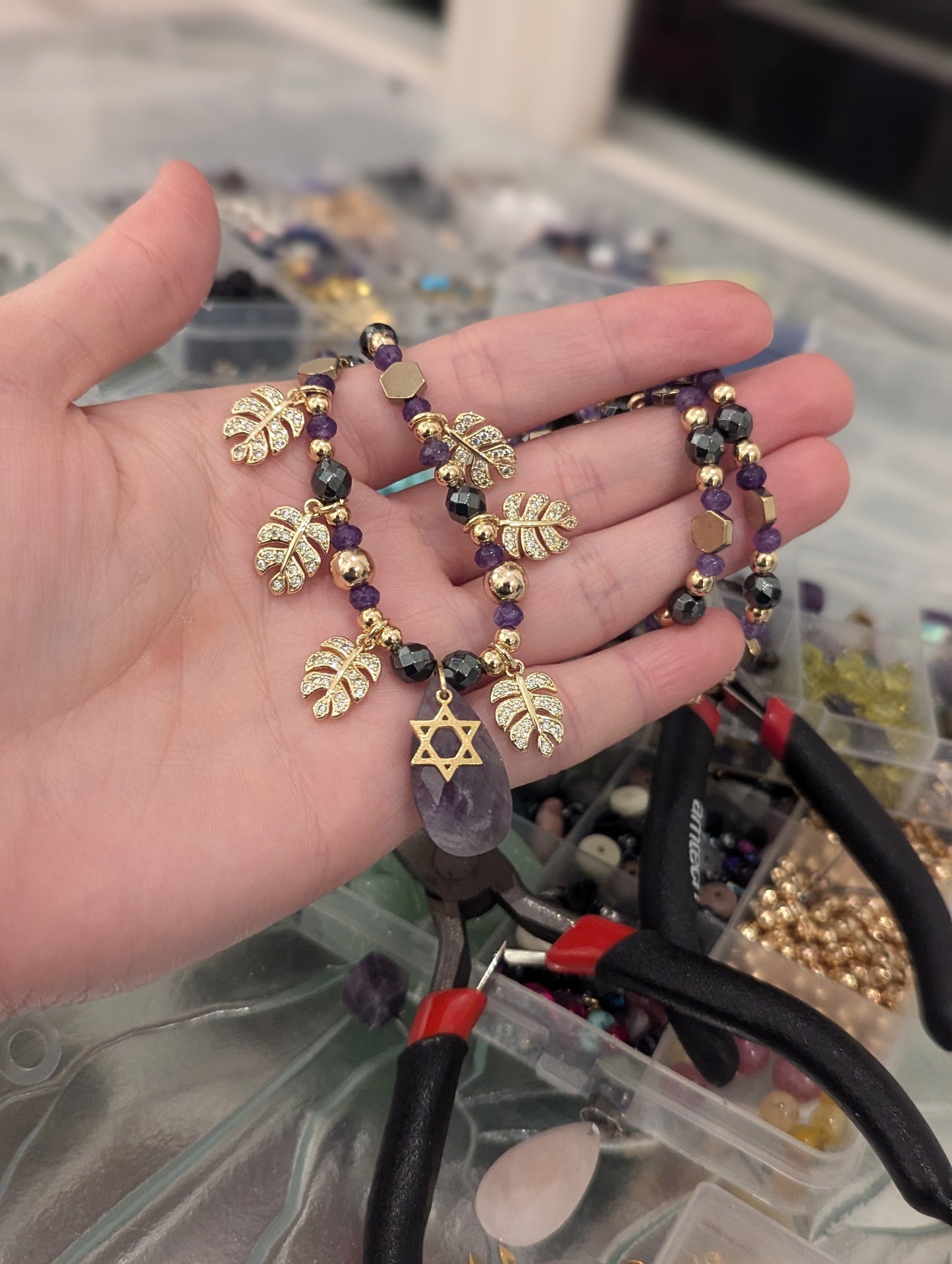 Amethyst, Gold Plated Zirconia Leaves Handmade Star of David Necklace