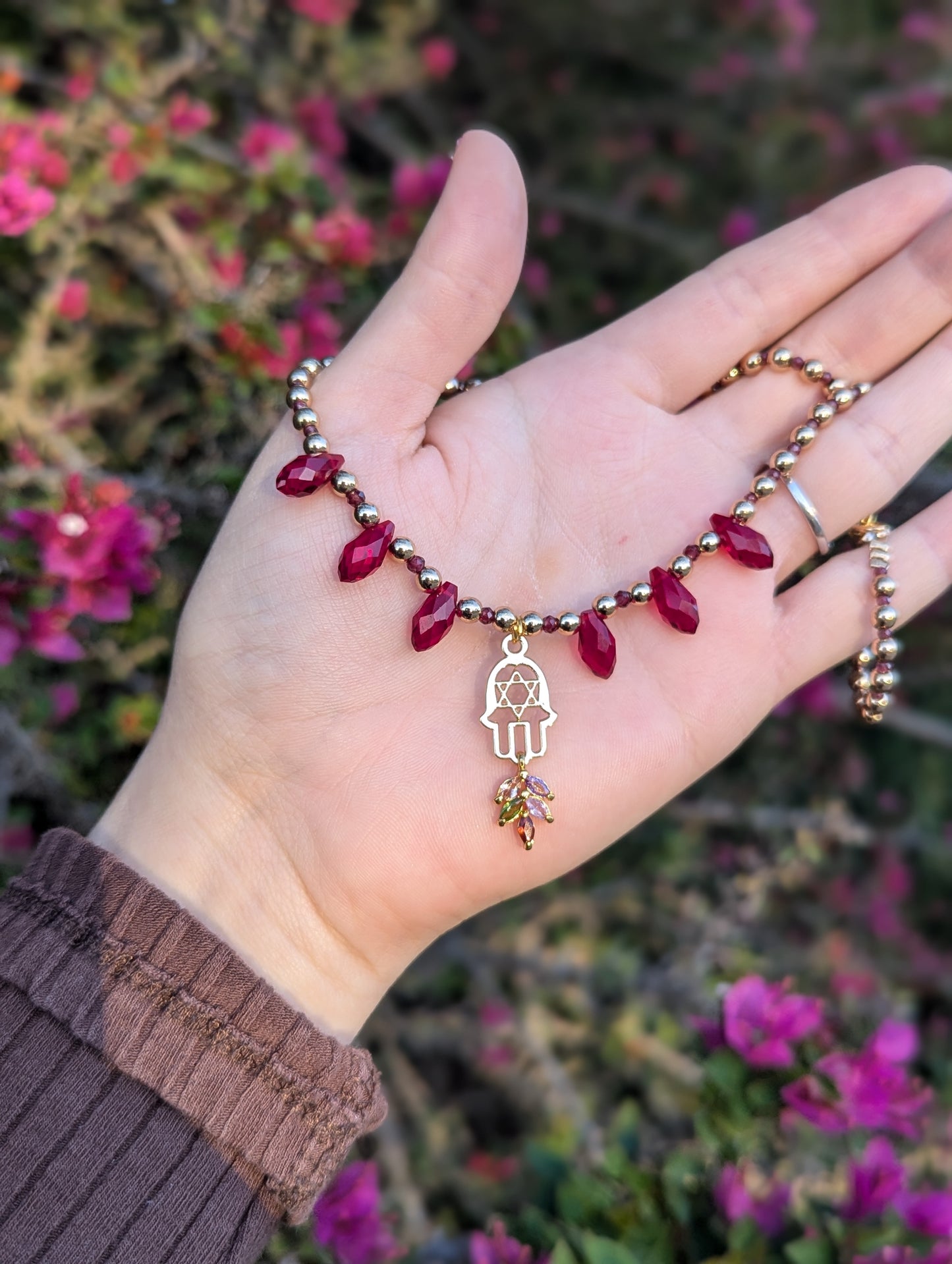 Garnet Gemstones, Hamsa Magen David, Red Drops and Multicoloured Zirconia Leaf