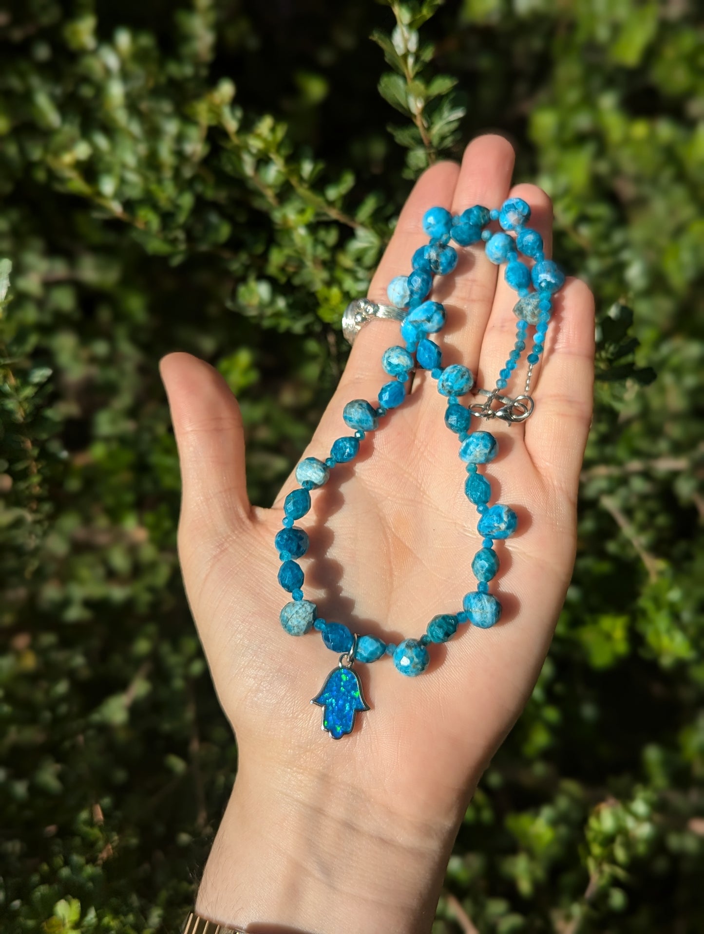 Apatite Gemstones Necklace with Blue Opal Styled Hamsa