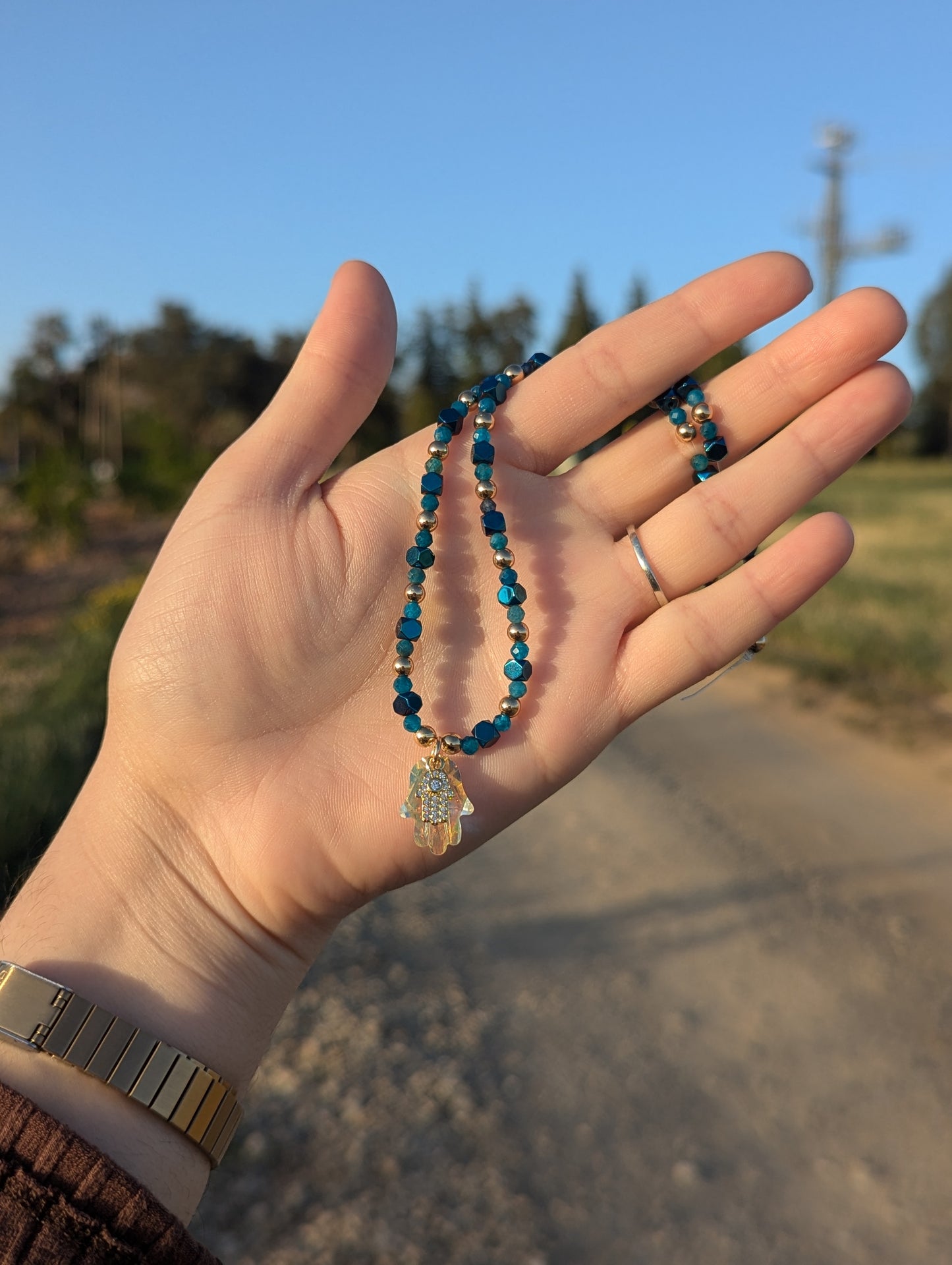 Glass and Gold Zirconia Hamsa with Apatite Gemstone Beads