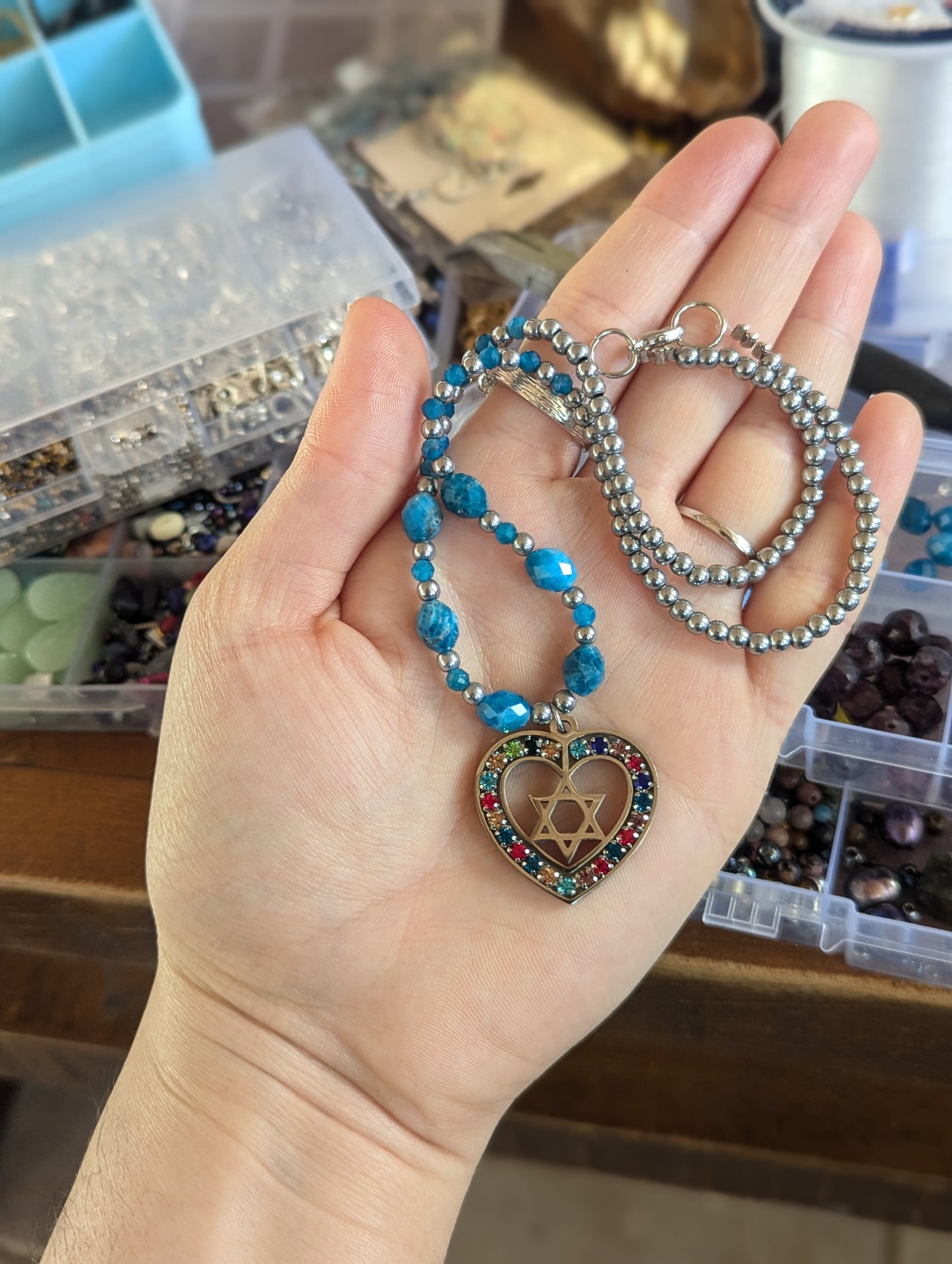 Colorful Heart Star of David with Blue Apatite