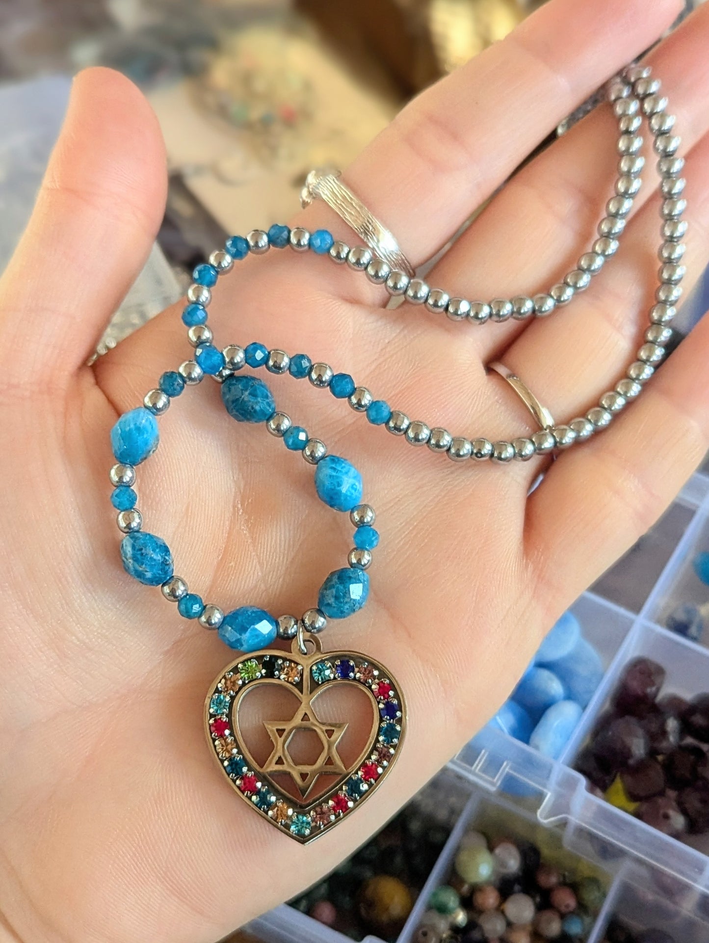 Colorful Heart Star of David with Blue Apatite