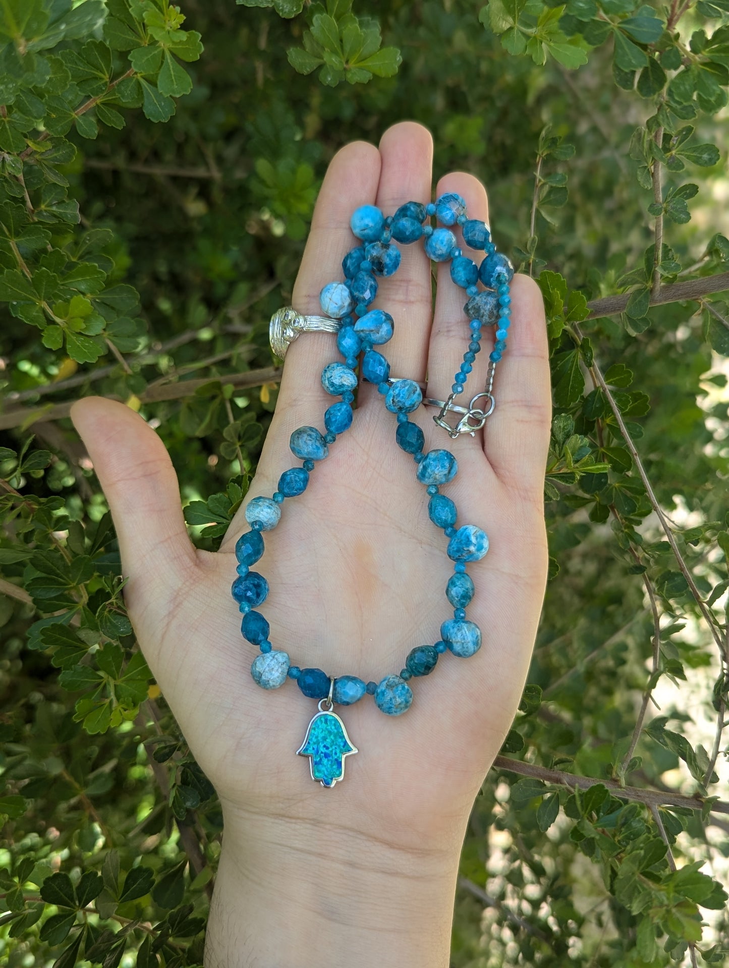 Apatite Gemstones Necklace with Blue Opal Styled Hamsa