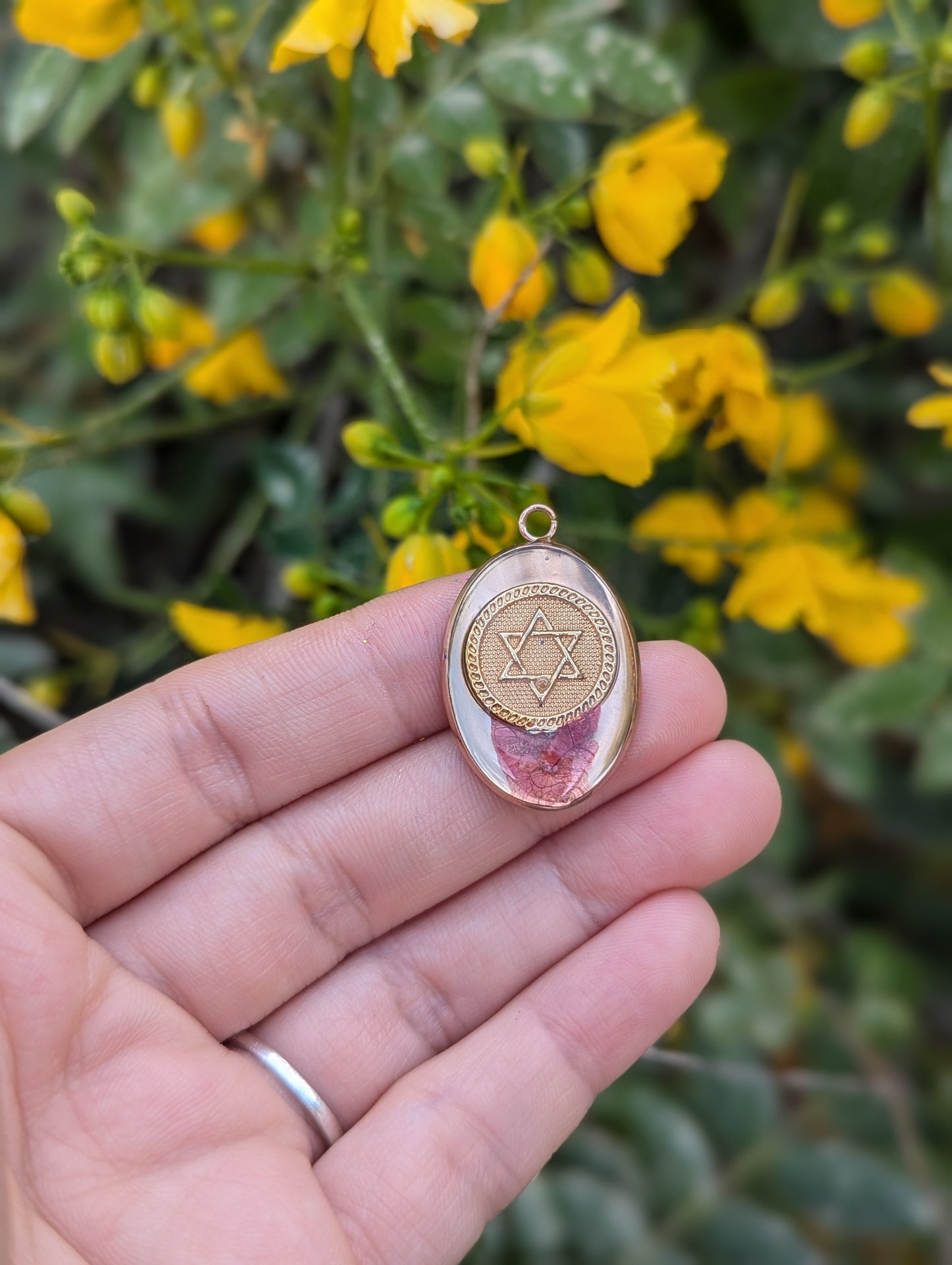Ahava Pendant with Pink Israeli Flower and Magen David Coin