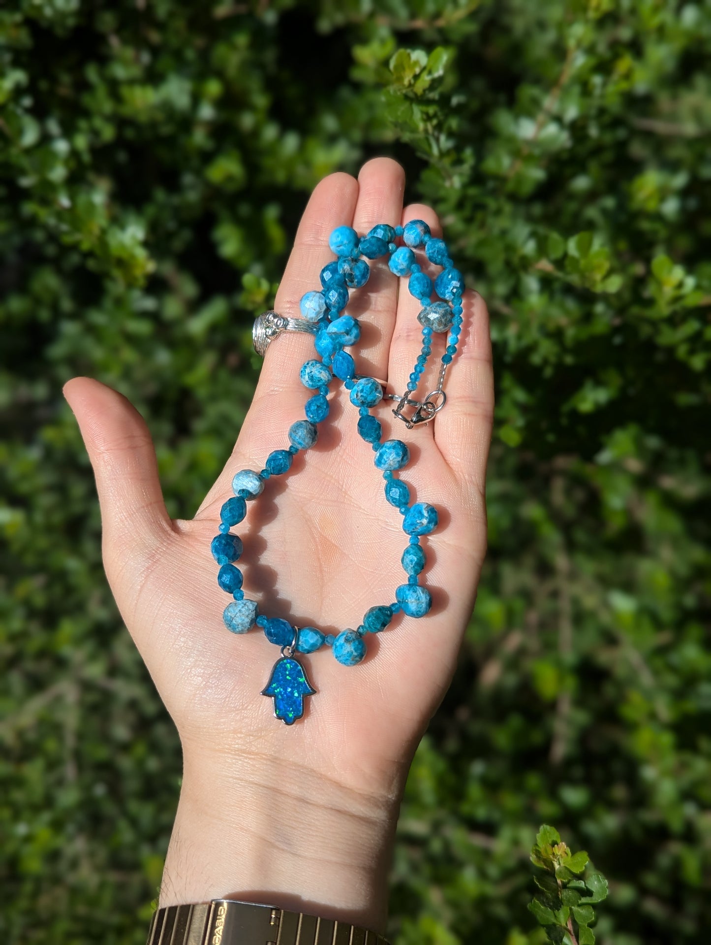 Apatite Gemstones Necklace with Blue Opal Styled Hamsa