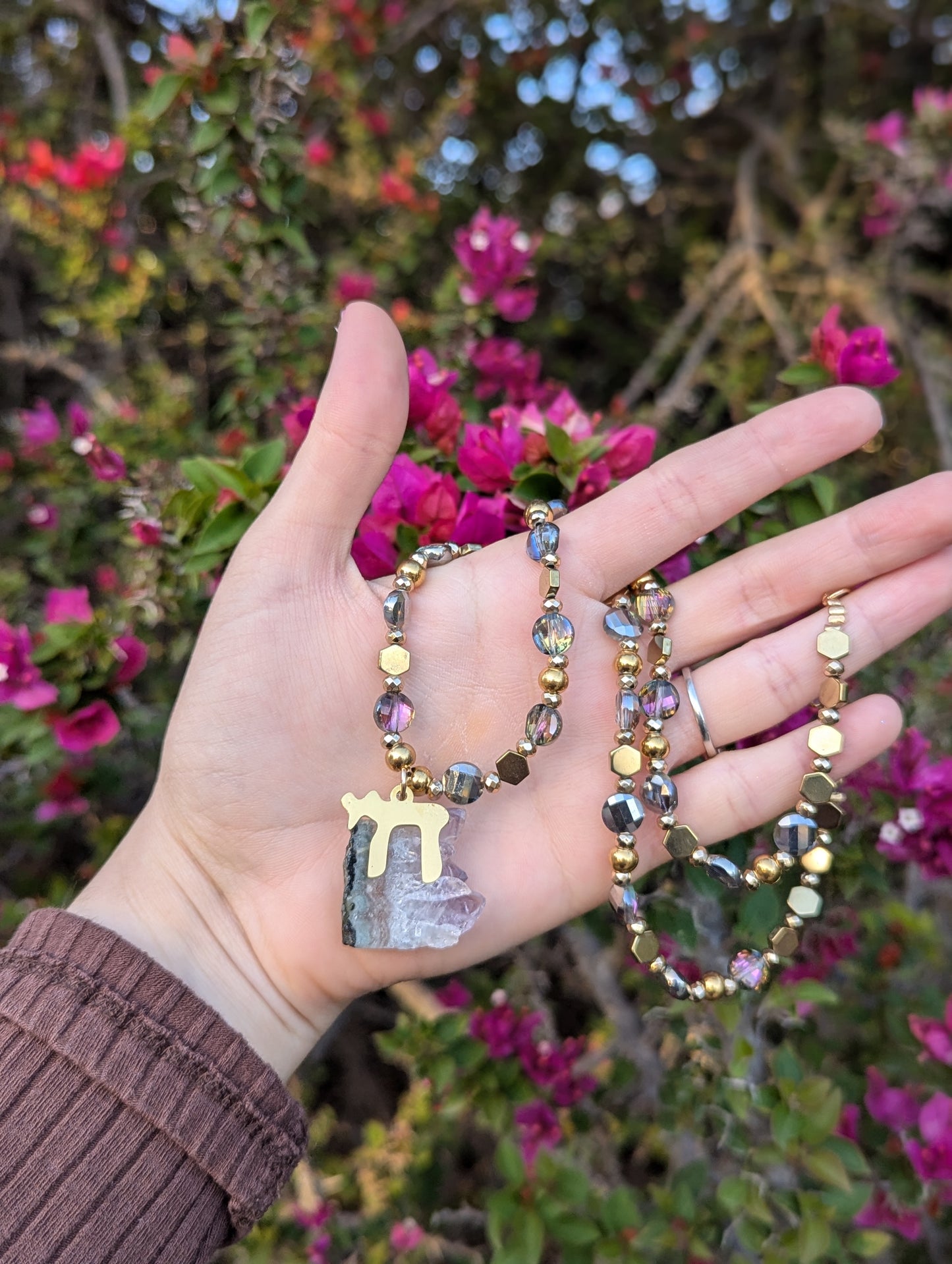 Gold Chai and Amethyst Cluster Long Beaded Necklace
