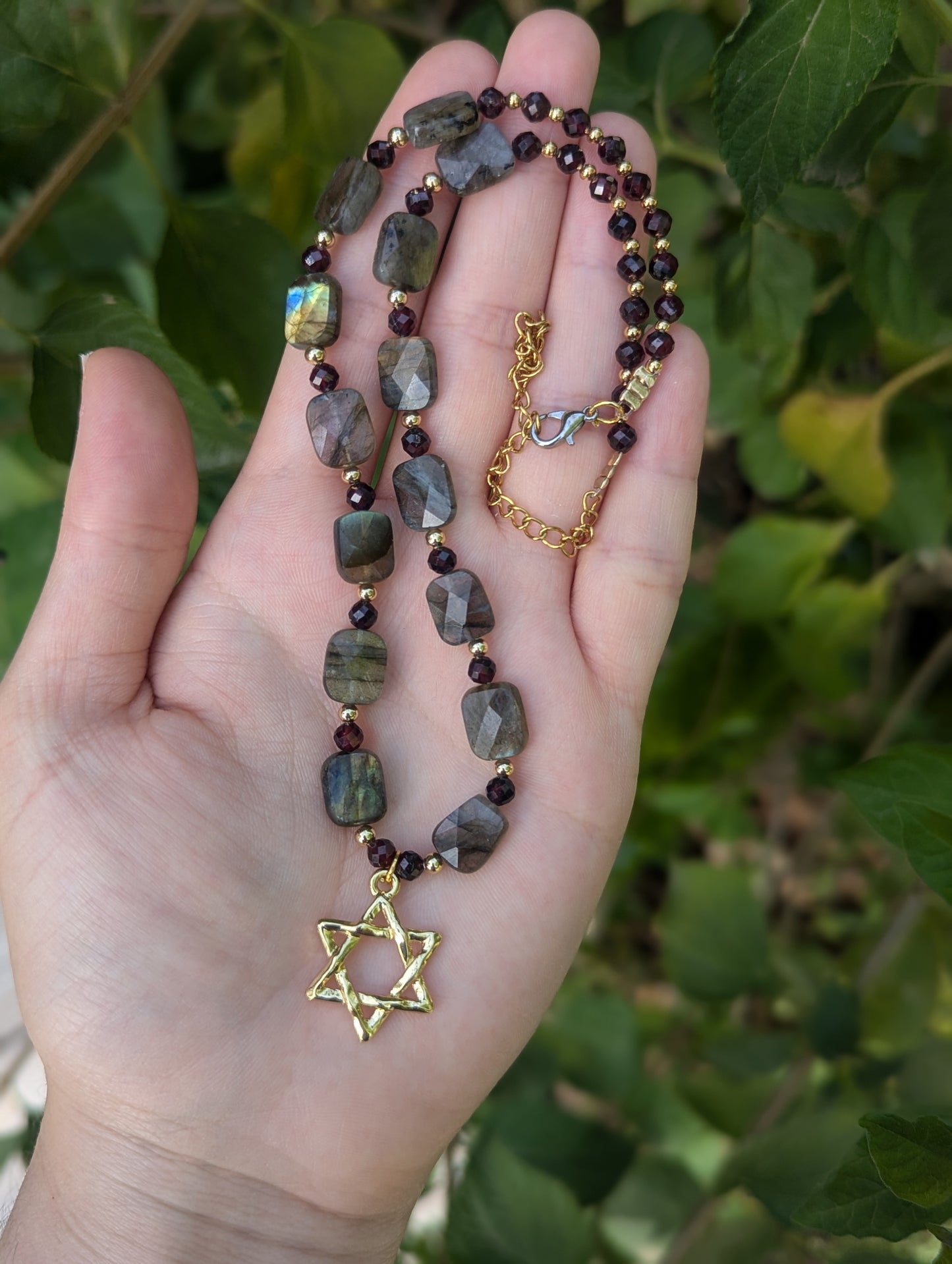Mesmerizing Garnet and Labradorite Gemstones with a Gold Plated Star of David