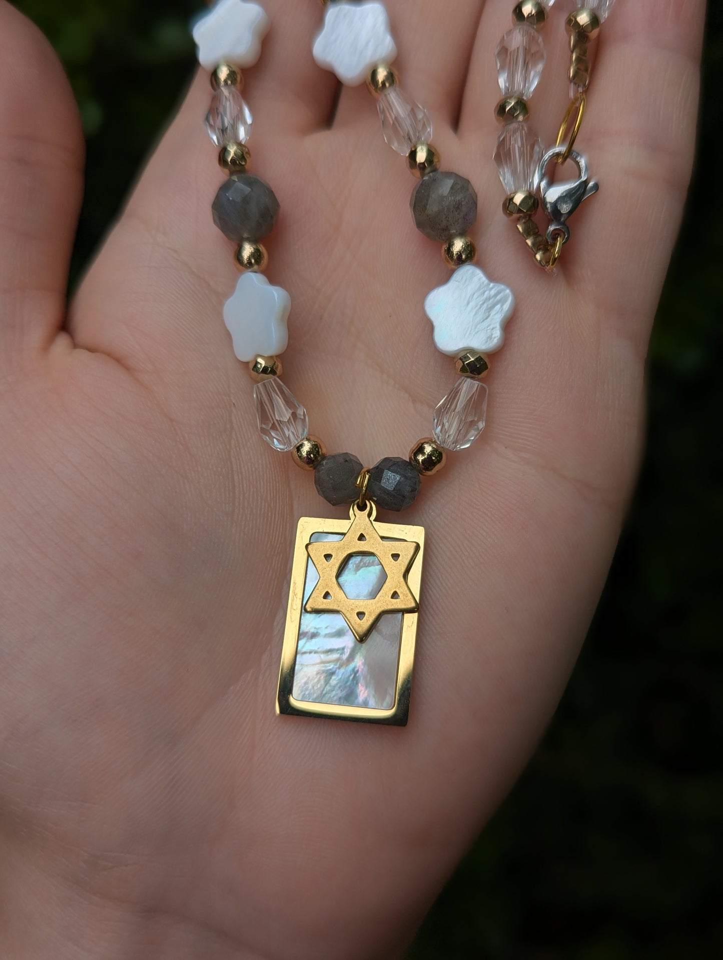 Mother of Shell Gold Plated Pendant and Flower Beads, Magen David, Labradorite Gemstones and Glass Drop Beaded Necklace