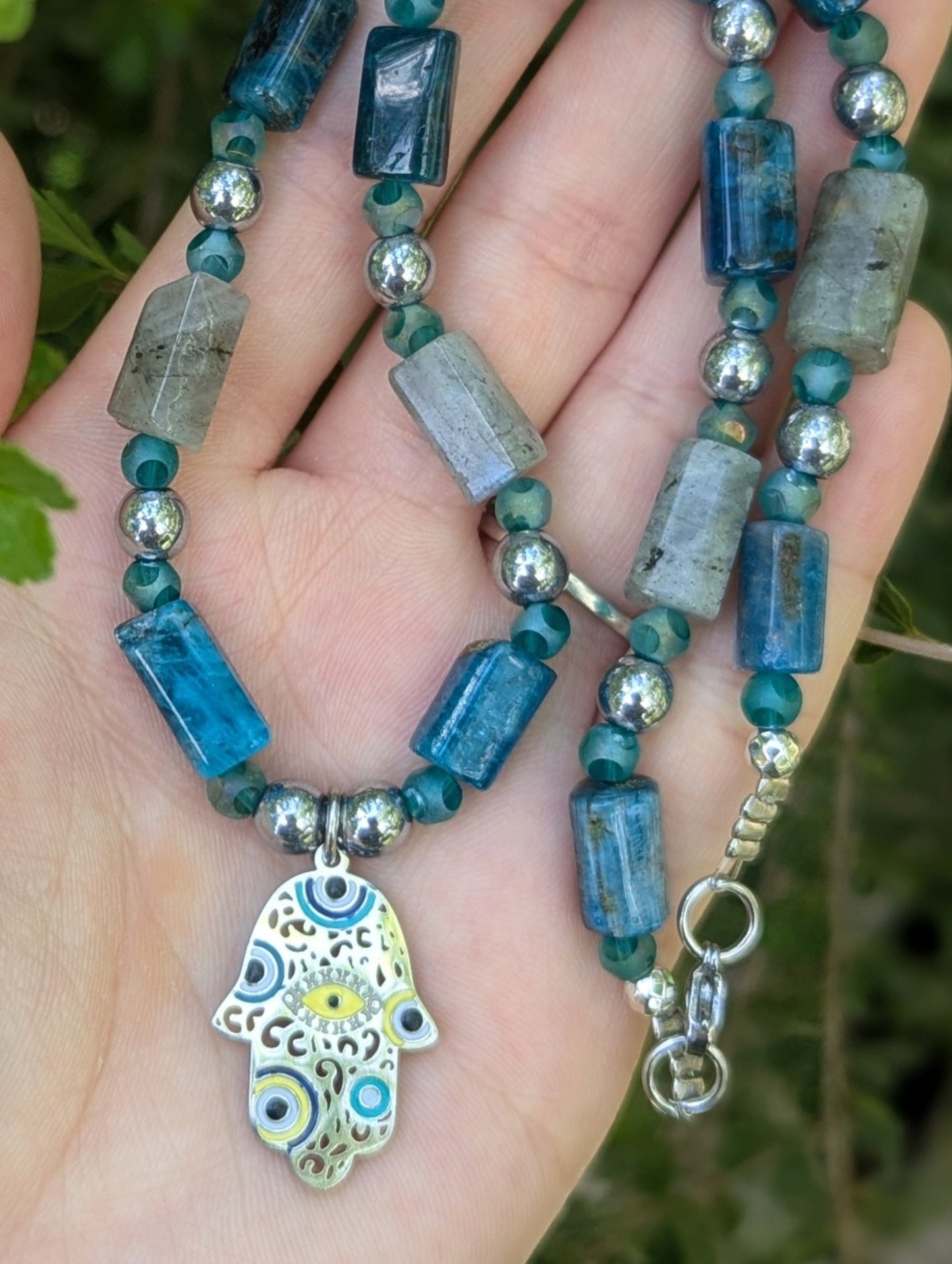 Hamsa with Evil Eyes, Labradorite and Apatite Gemstones Necklace