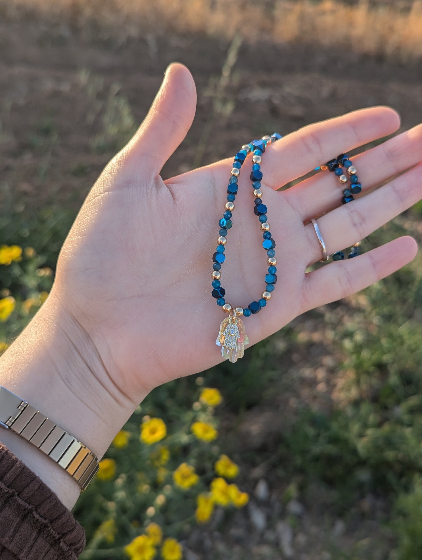 Glass and Gold Zirconia Hamsa with Apatite Gemstone Beads