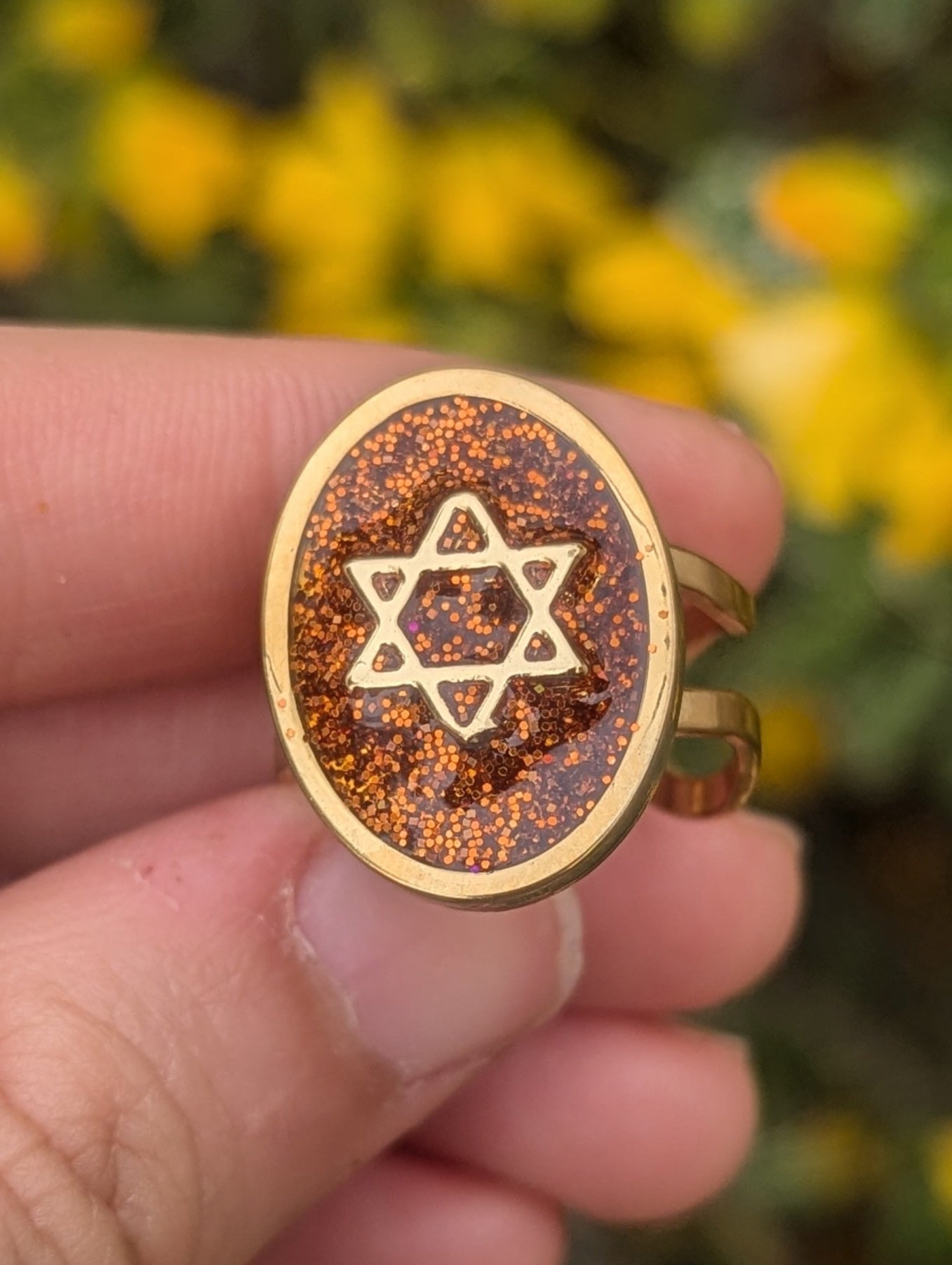 Orange Gold Magen David Adjustable Resin Stainless Steel Ring
