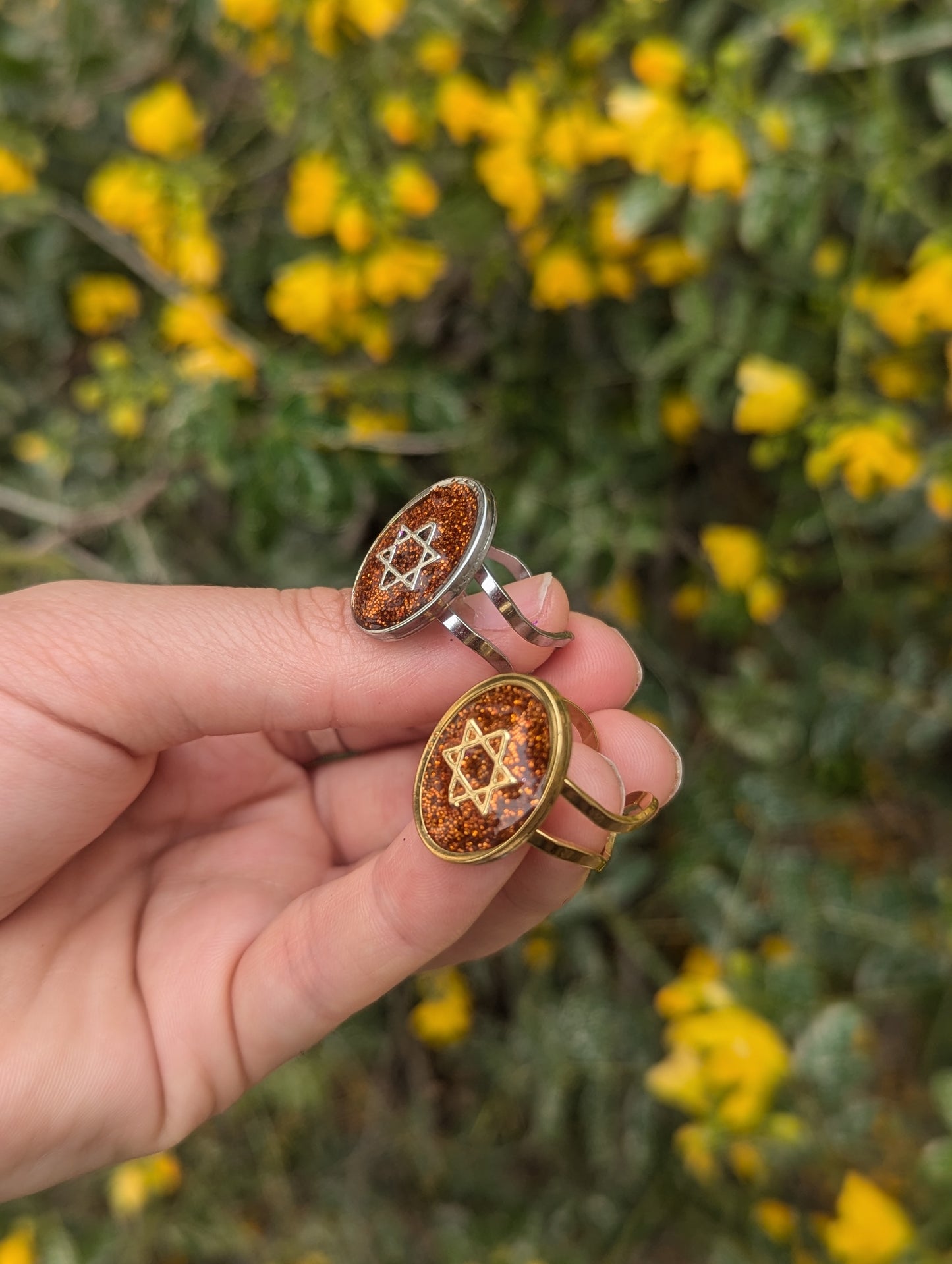 Orange Gold Magen David Adjustable Resin Stainless Steel Ring