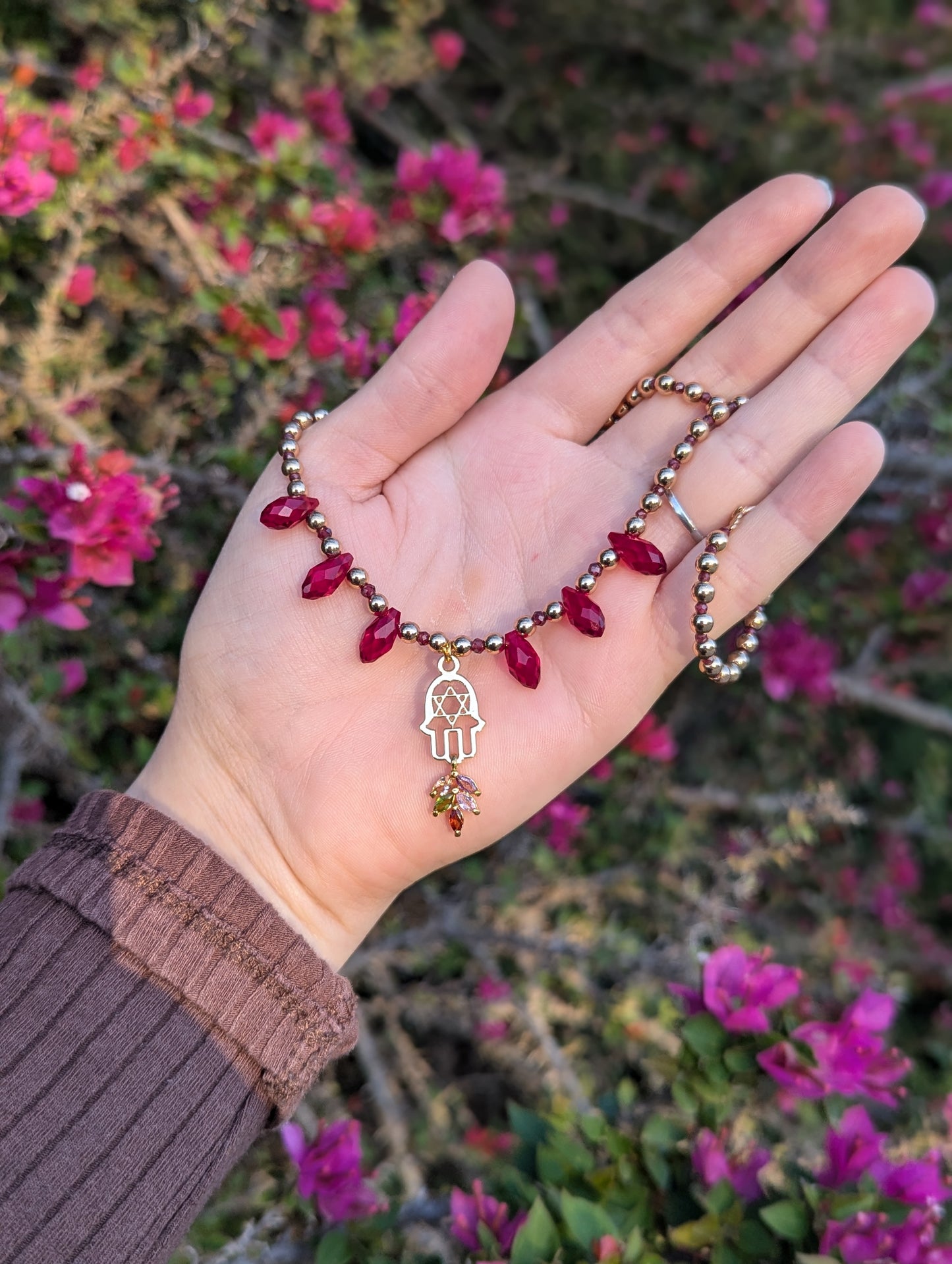 Garnet Gemstones, Hamsa Magen David, Red Drops and Multicoloured Zirconia Leaf