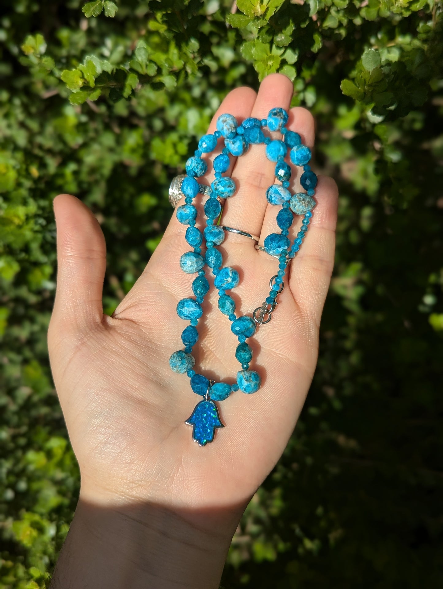 Apatite Gemstones Necklace with Blue Opal Styled Hamsa