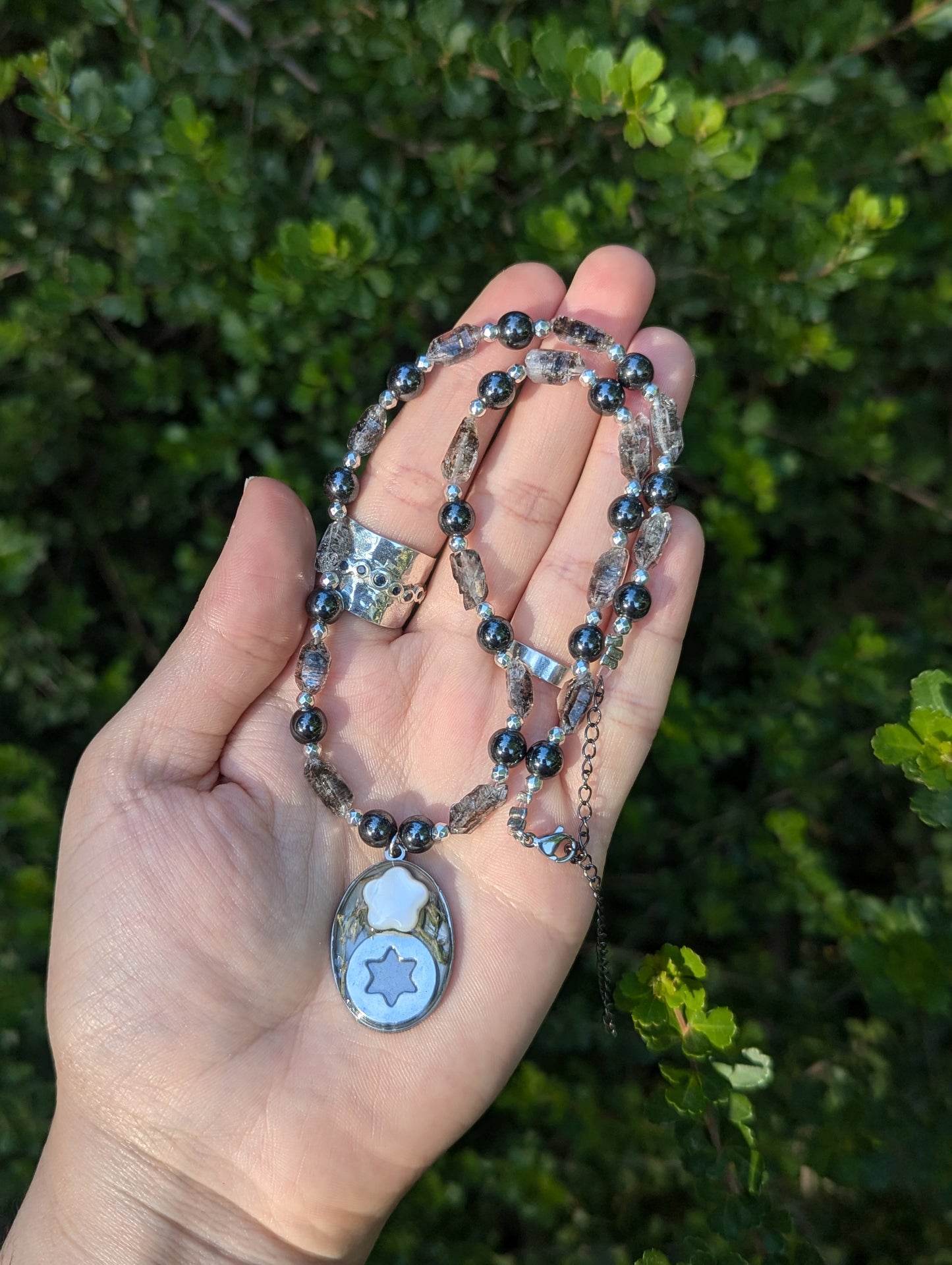 Israel Encapsulated: Smoky Quartz Crystal Beads & Oval Resin Israeli Flowers and White Shell Necklace