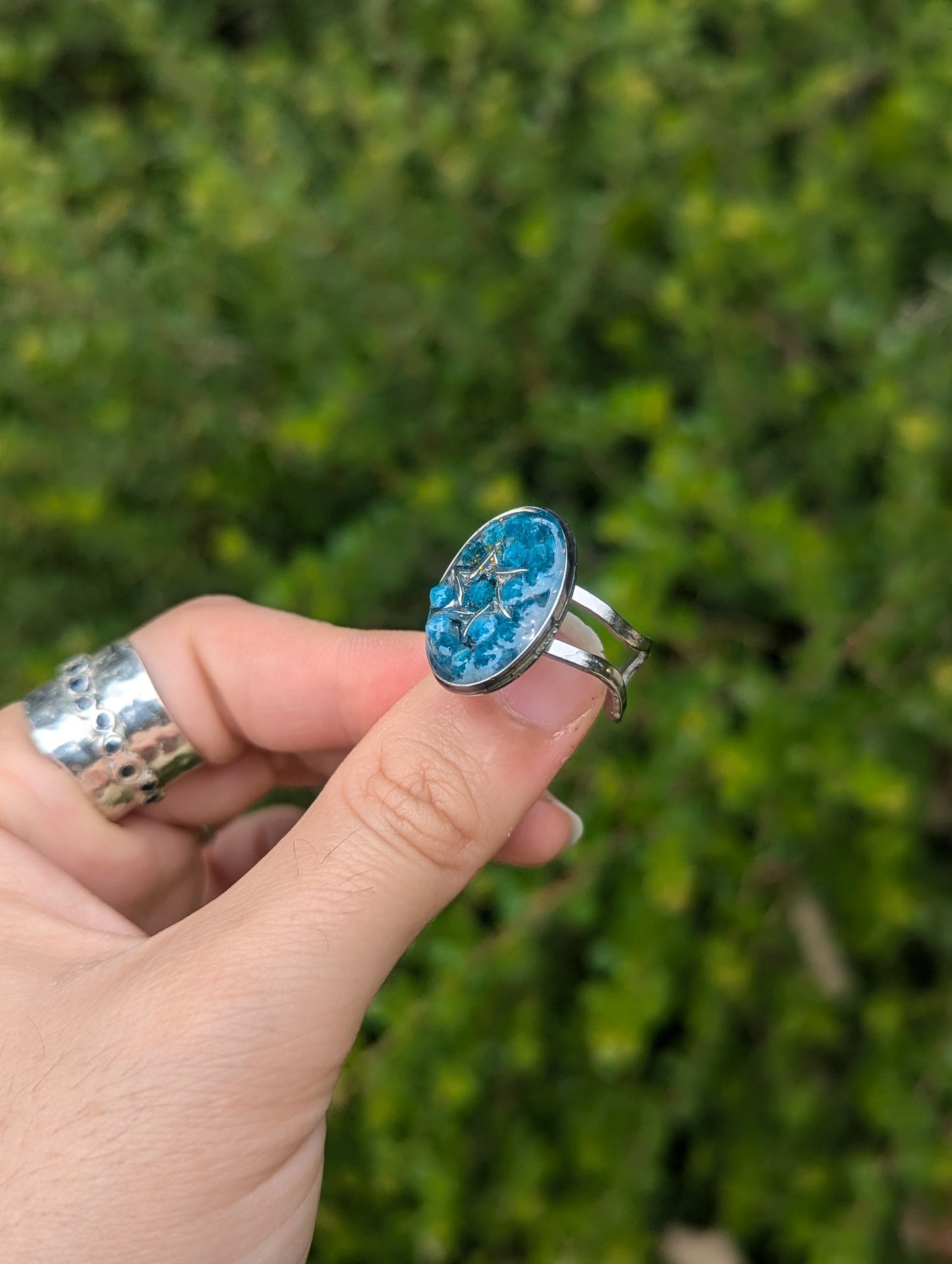 Sterling Silver Magen David, Stainless Steel Ring with Apatite Blue Gemstones