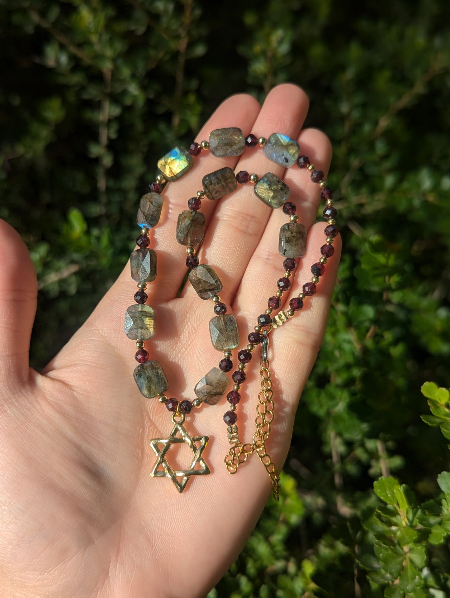 Mesmerizing Garnet and Labradorite Gemstones with a Gold Plated Star of David