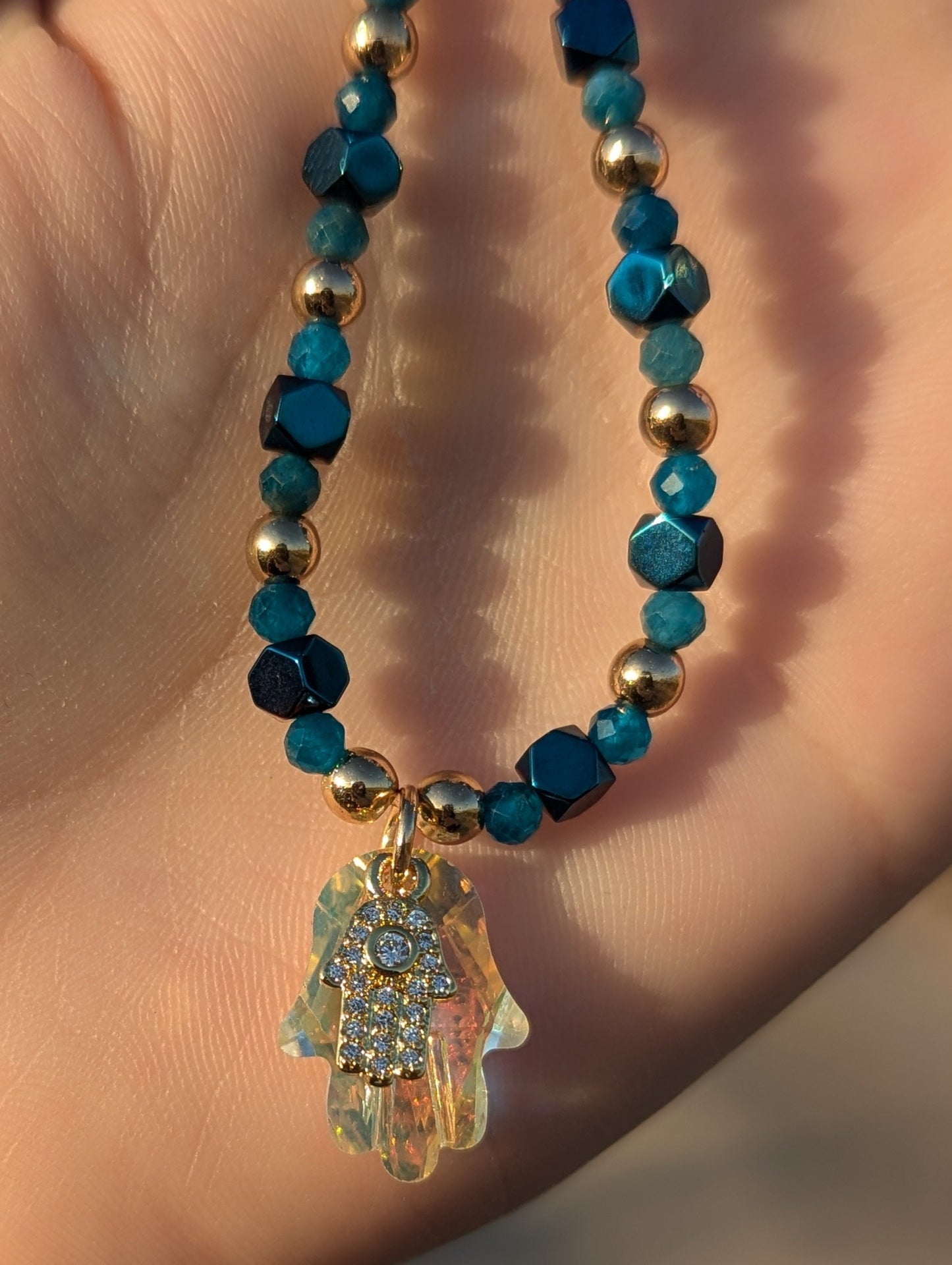Glass and Gold Zirconia Hamsa with Apatite Gemstone Beads