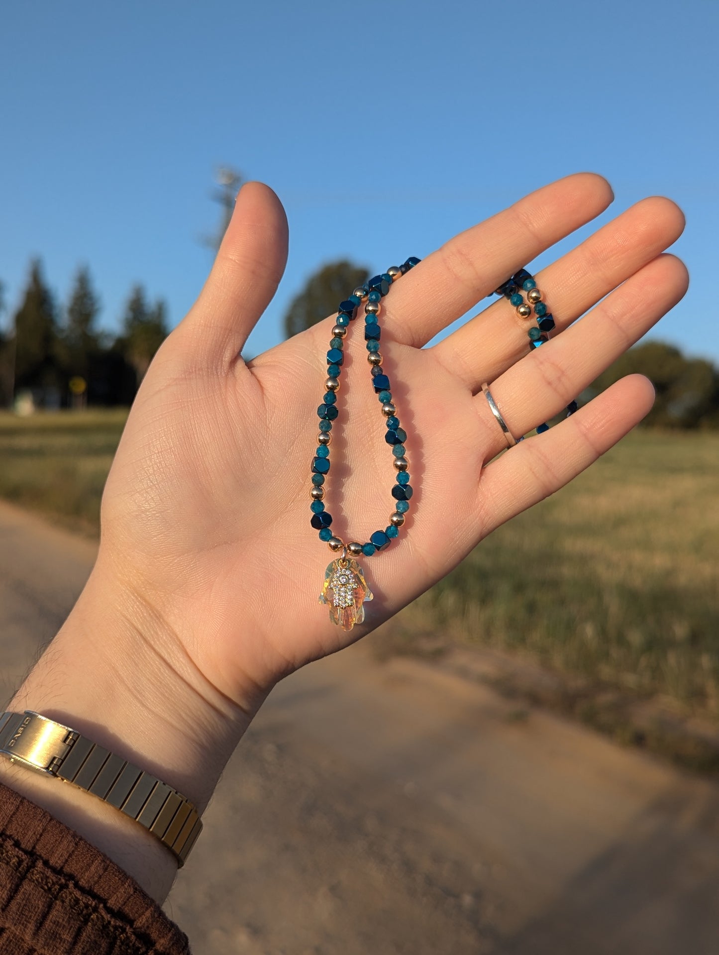 Glass and Gold Zirconia Hamsa with Apatite Gemstone Beads